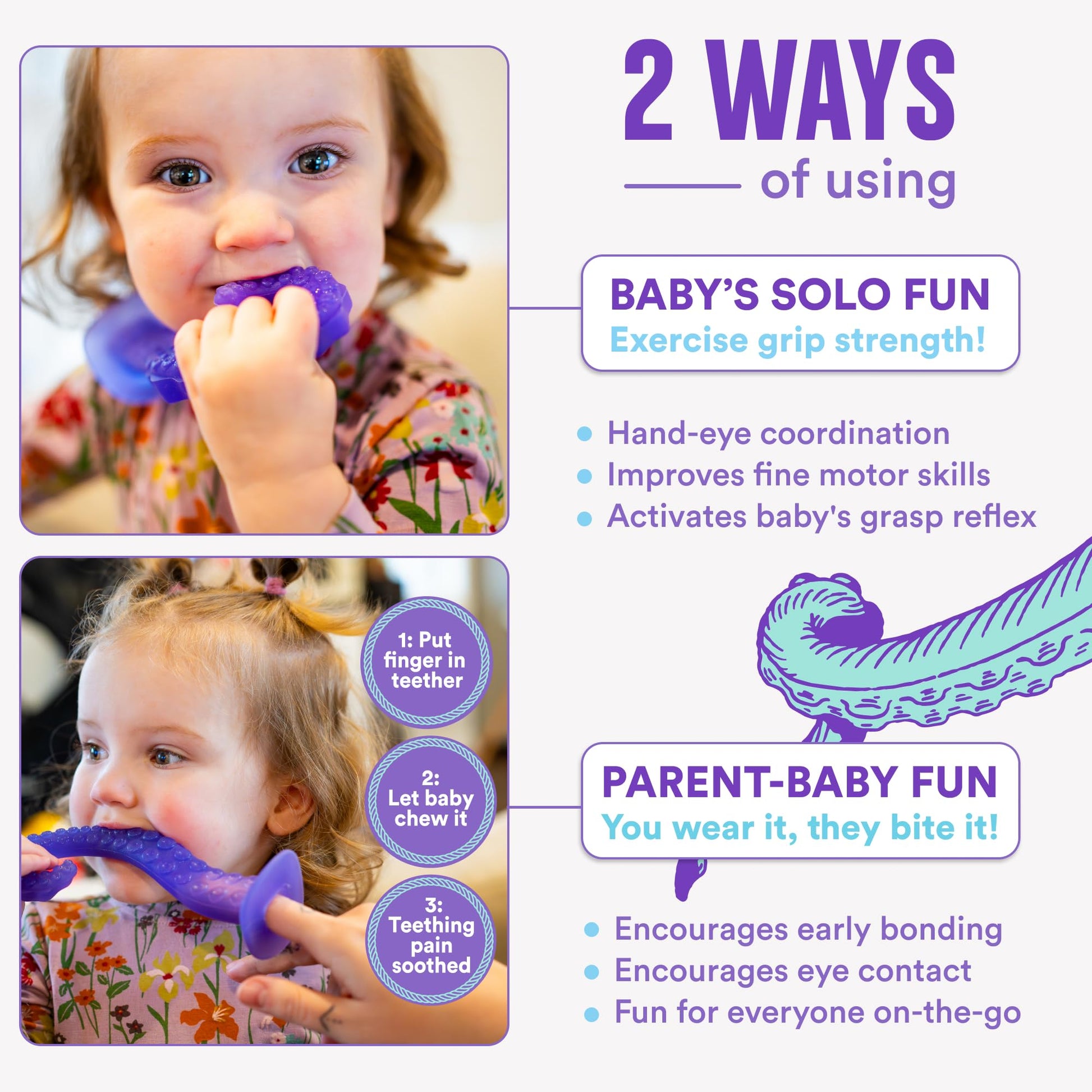 Tentacle Teether - Made in USA Medical Grade Silicone Teether for Infants - Multi-Stage Molar Relief & Interactive Parent-Finger Fit - 0-24 Months