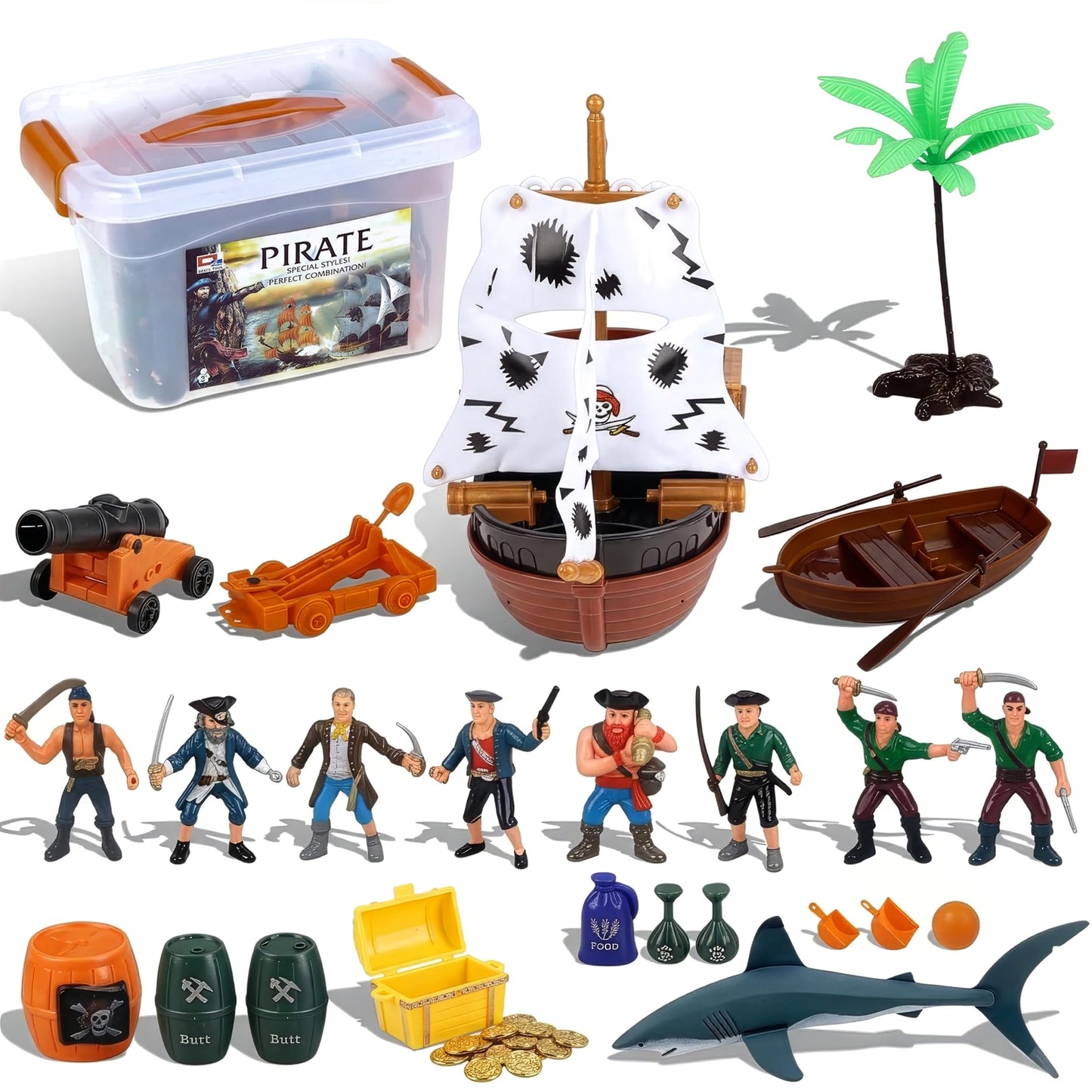 Liberty Imports Bucket of Pirate Action Figures Toys Playset with Pirate Ship, Boat, Treasure Chest, Cannons, Shark for Kids Imaginary Pretend Play