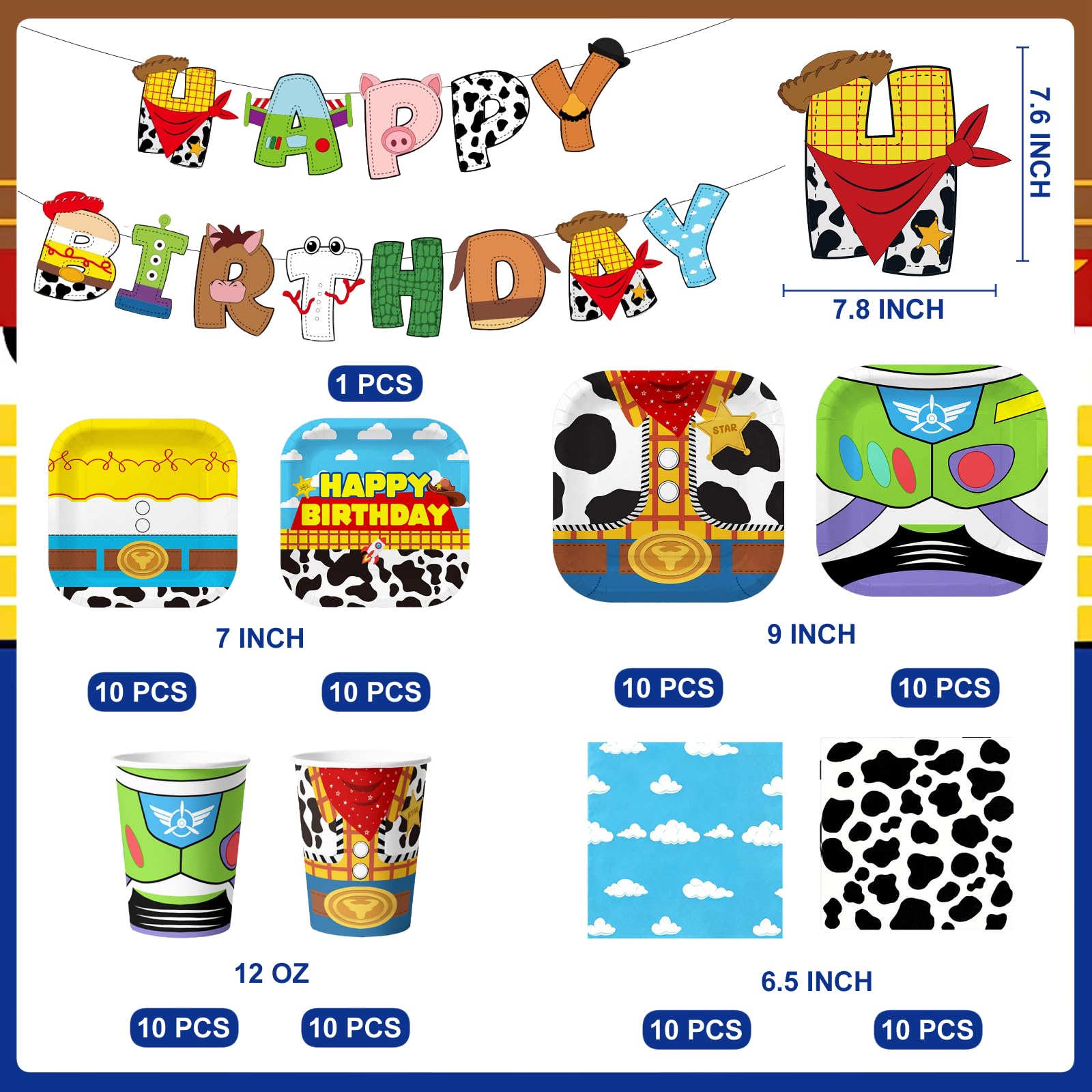 WPDISCZ Cartoon Toy Theme Party Supplies Toy Disposable Tableware Set Include Paper Plates Napkins Cups Banner Tablecloths for Toy Birthday Party