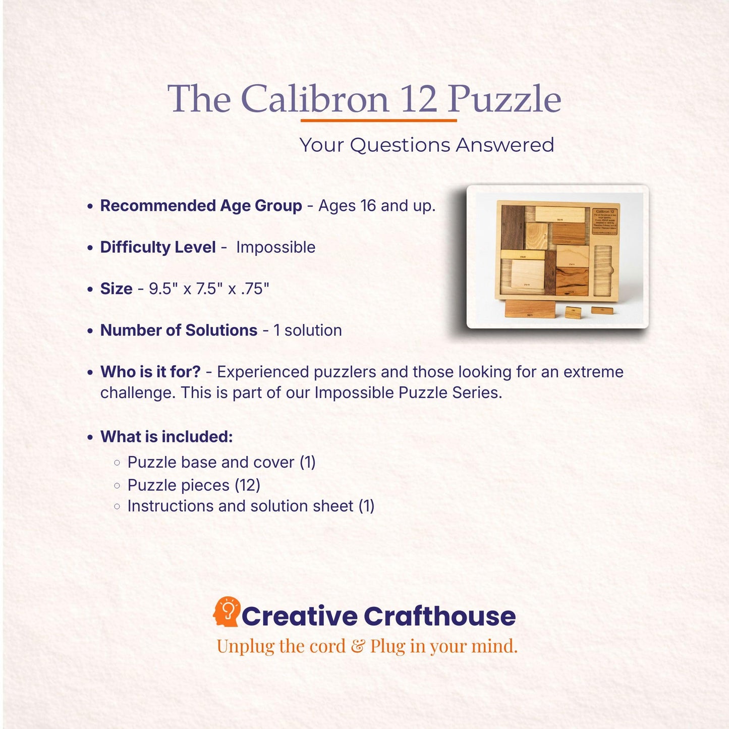 Creative Crafthouse Calibron 12 Impossible Wood Packing Puzzle, Made in USA