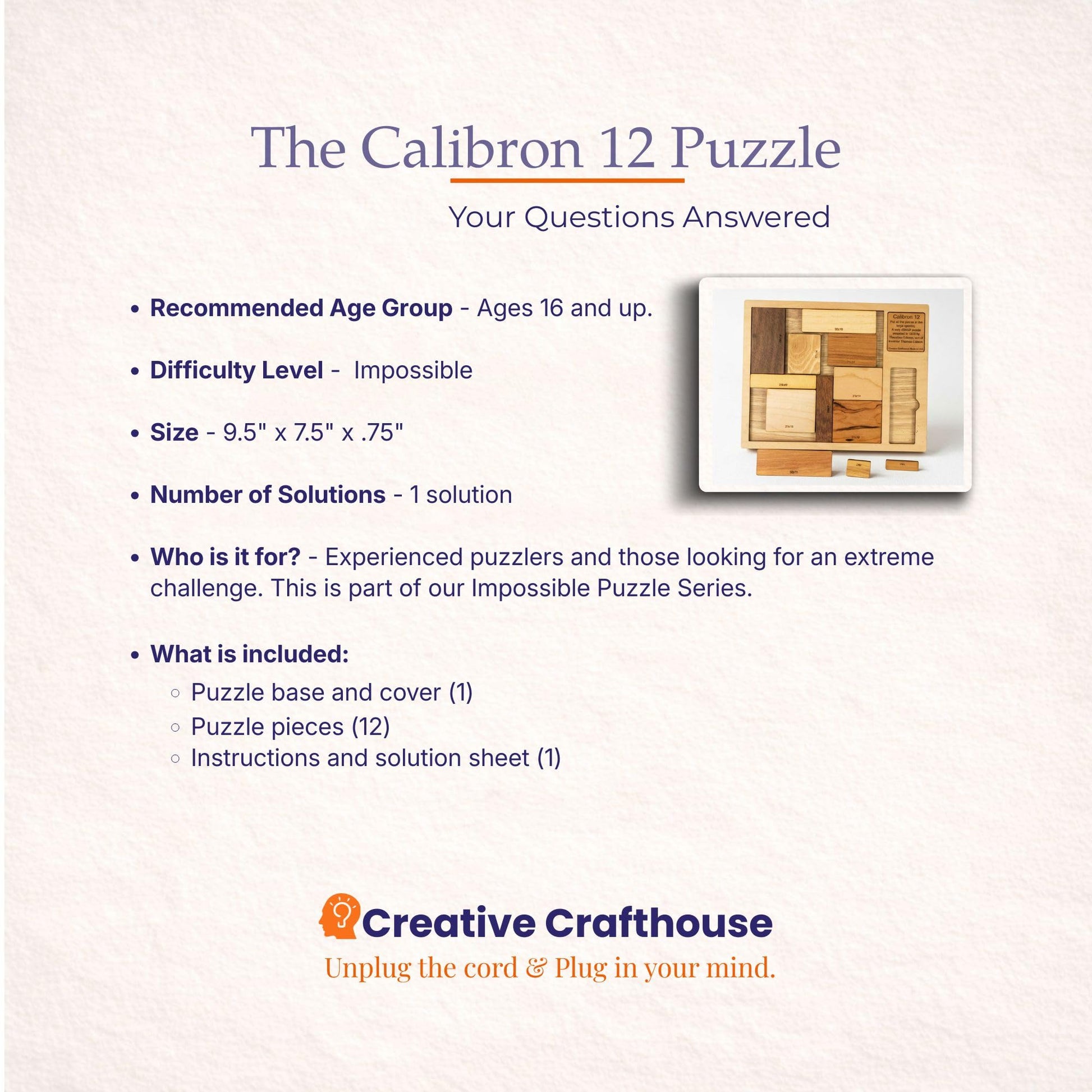 Creative Crafthouse Calibron 12 Impossible Wood Packing Puzzle, Made in USA