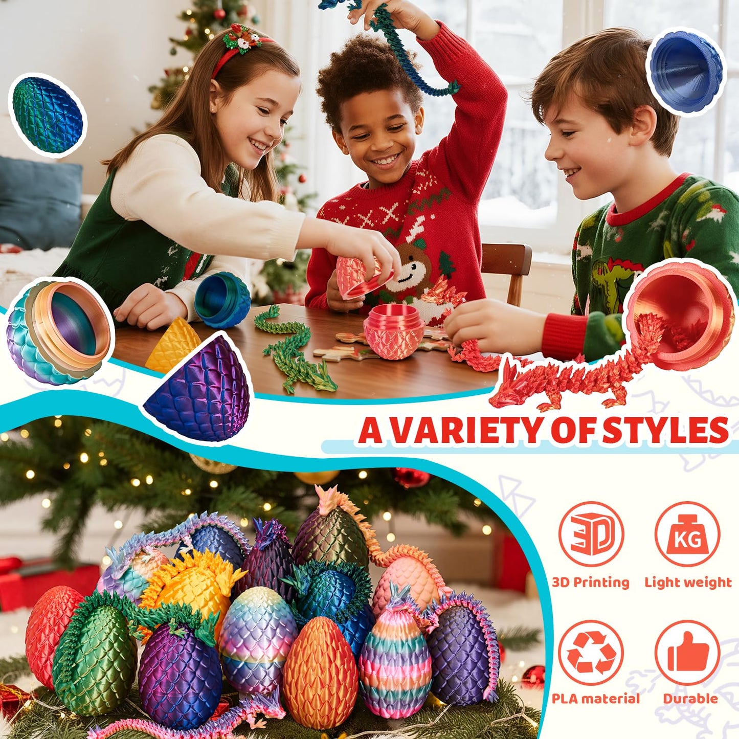 Cessfle 12" Prefilled Easter Eggs with 3D Printed Dragons Inside, 3D Printer Articulated Crystal Fidget Toy,Easter Basket Stuffers for 5-7 4-6 8-12