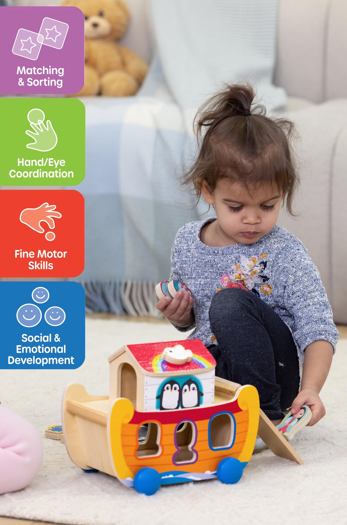 Jasey's Toy Chest Noah's Ark Wooden Sort & Match | 18-Piece Shape Sorting Ark with Animal Pairs, Figures & Ladder | Educational Toy for Toddlers Ages