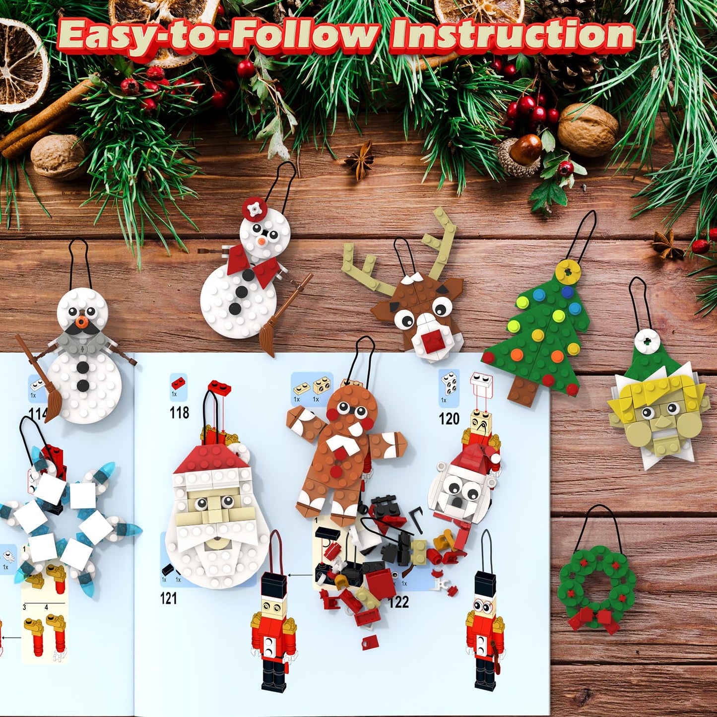 EIAVURPE Christmas Ornaments Building Set, 11-in-1 Christmas Tree, Wreath, Nutcracker, Gingerbread, Polar Bear, Snowflake, Reindeer, Santa, Stocking