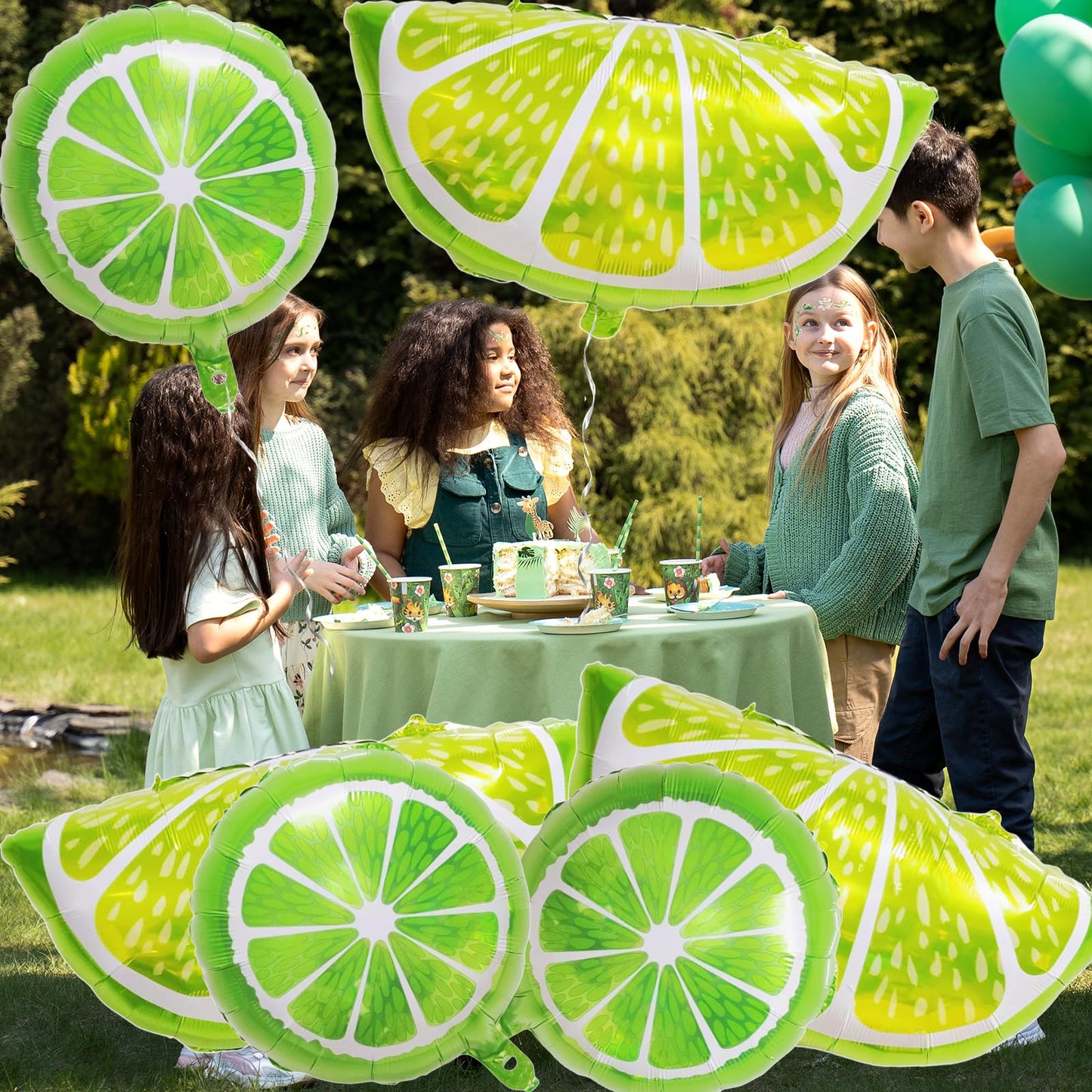 10 Pieces 2 Sizes Lime Slice Balloons Set - 5 Large 27 Inches and 5 Medium 18 Inches Green Citrus Lemon Fruit Shaped Mylar Balloons for Tropical Fruit