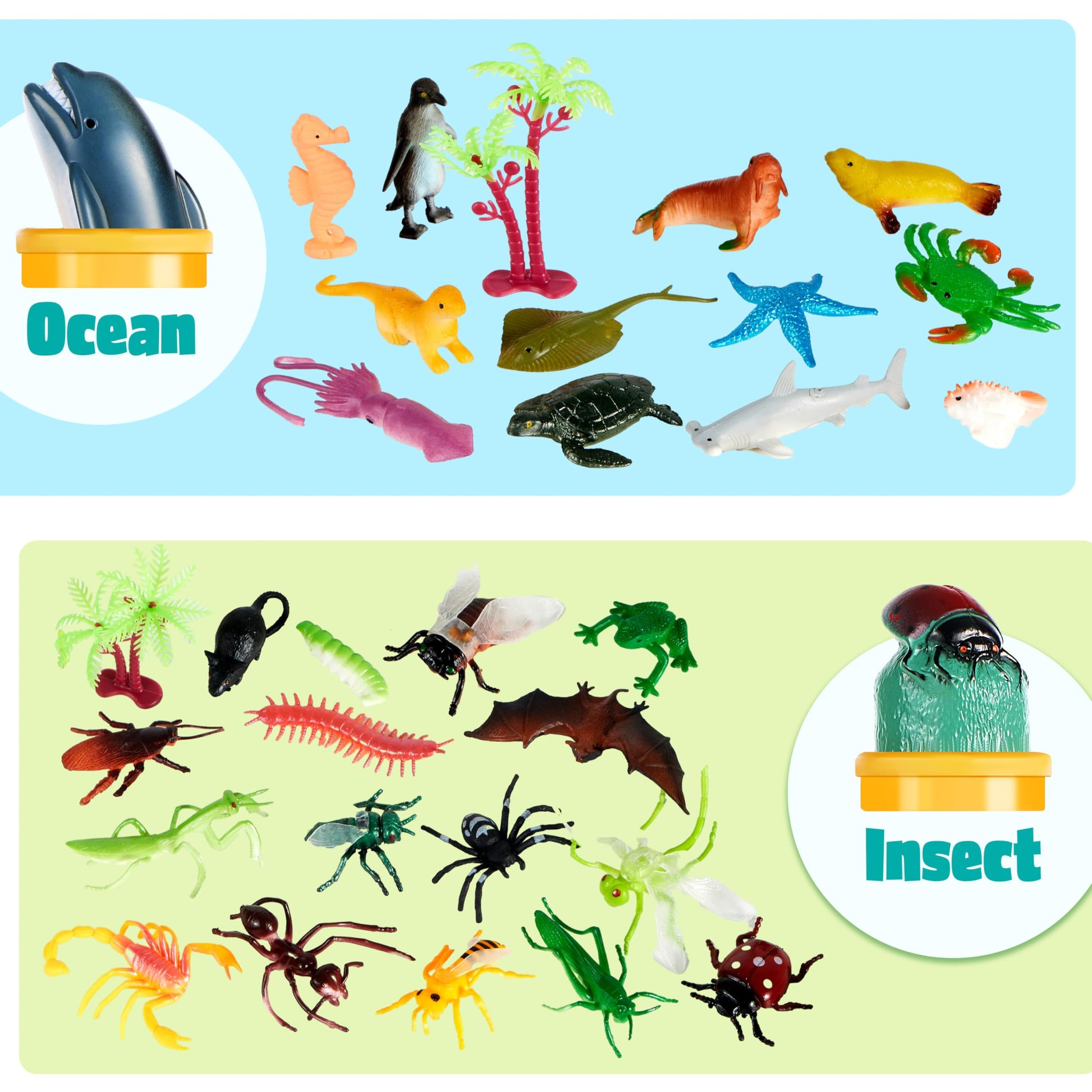 JOYIN 69 Pcs Small Animal Figures, Mini Jungle Toy Set with Sensory Bin, Realistic Wild Forest Playset, Zoo, Ocean, Farm Animals Figurines, Dinosaur