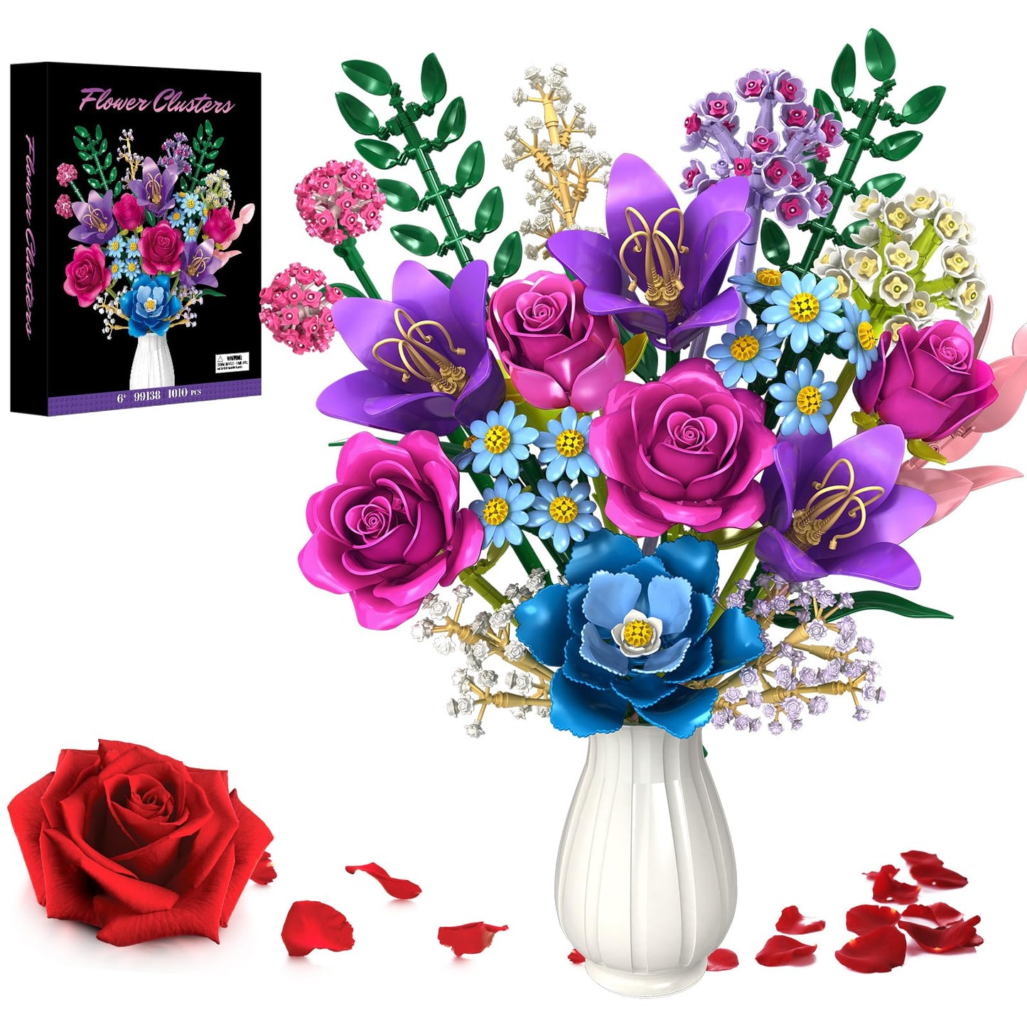 Flower Building Blocks Set, 19 DIY Flowers Bouquet Building Kit With Rose, Lily, Botanical Collection Block Toy For Adults Women Girls 6+, 1010 PCS