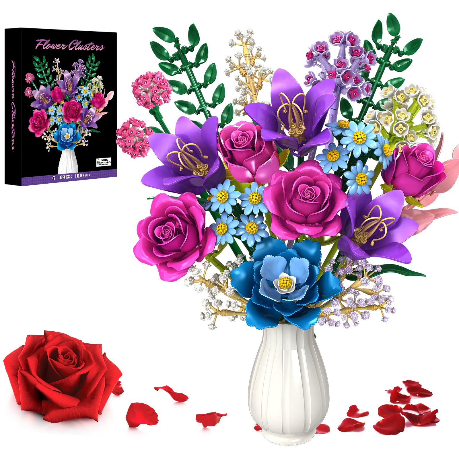Flower Building Blocks Set, 19 DIY Flowers Bouquet Building Kit With Rose, Lily, Botanical Collection Block Toy For Adults Women Girls 6+, 1010 PCS