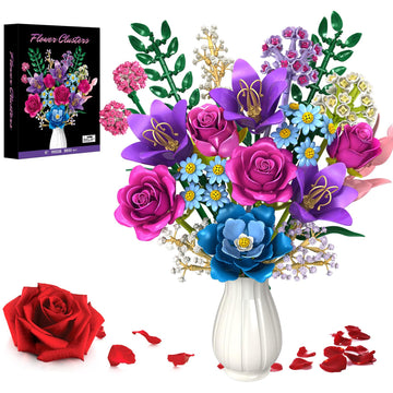 Flower Building Blocks Set, 19 DIY Flowers Bouquet Building Kit With Rose, Lily, Botanical Collection Block Toy For Adults Women Girls 6+, 1010 PCS