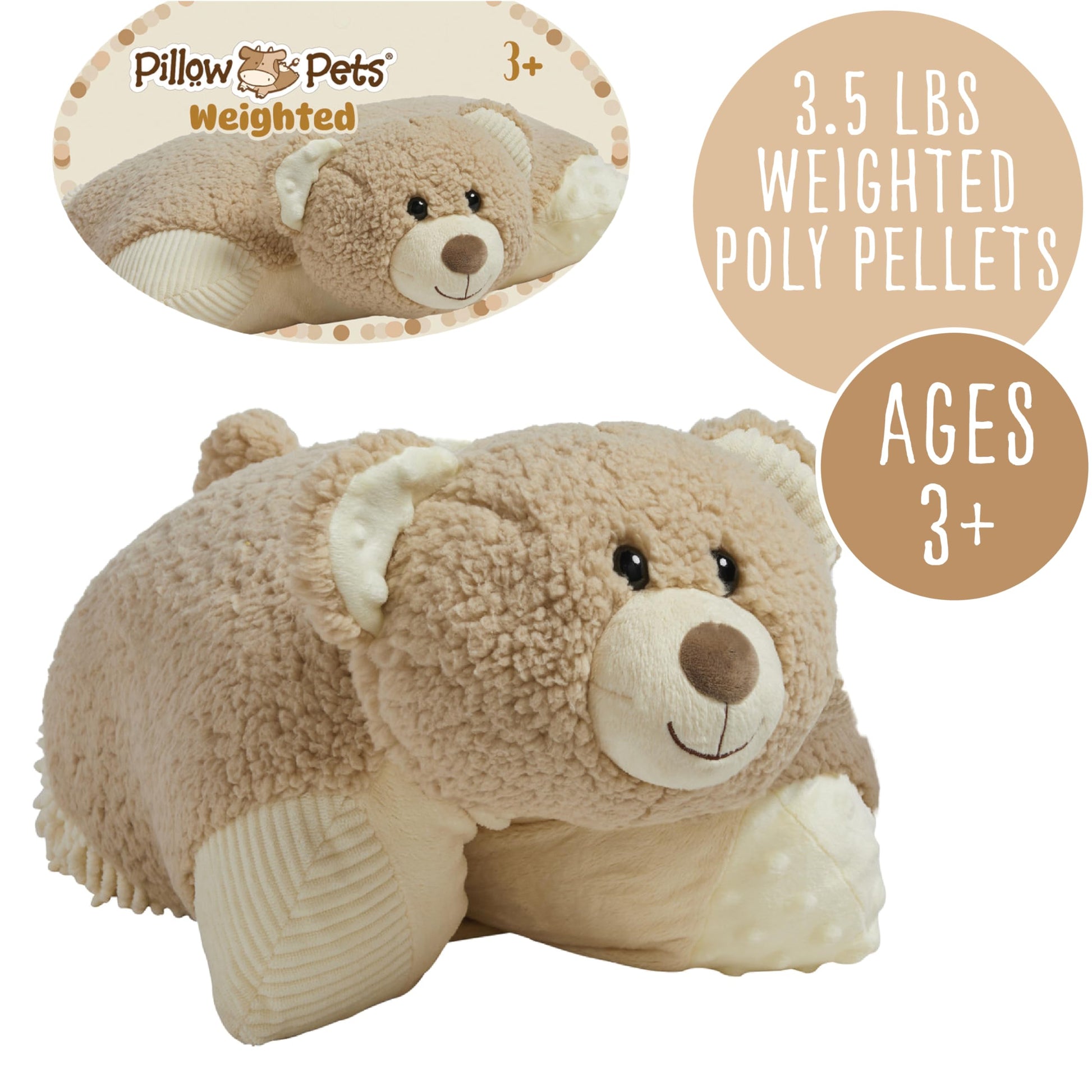Pillow Pets Weighted Hiro Bear - 3.5 lb Sensory Plush Comfort Companion, Textured Fleece Weighted for Calming Hugs, Relaxation, and Sleep Support