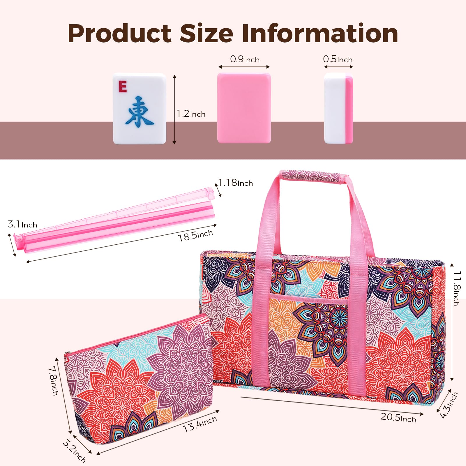 Kyerlish American Mahjong Tile Set with Printed Carrying Bag, 166 Premium Pink Tiles, 4 All-in-One Racks/Pushers and Accessories, Mahjong Set