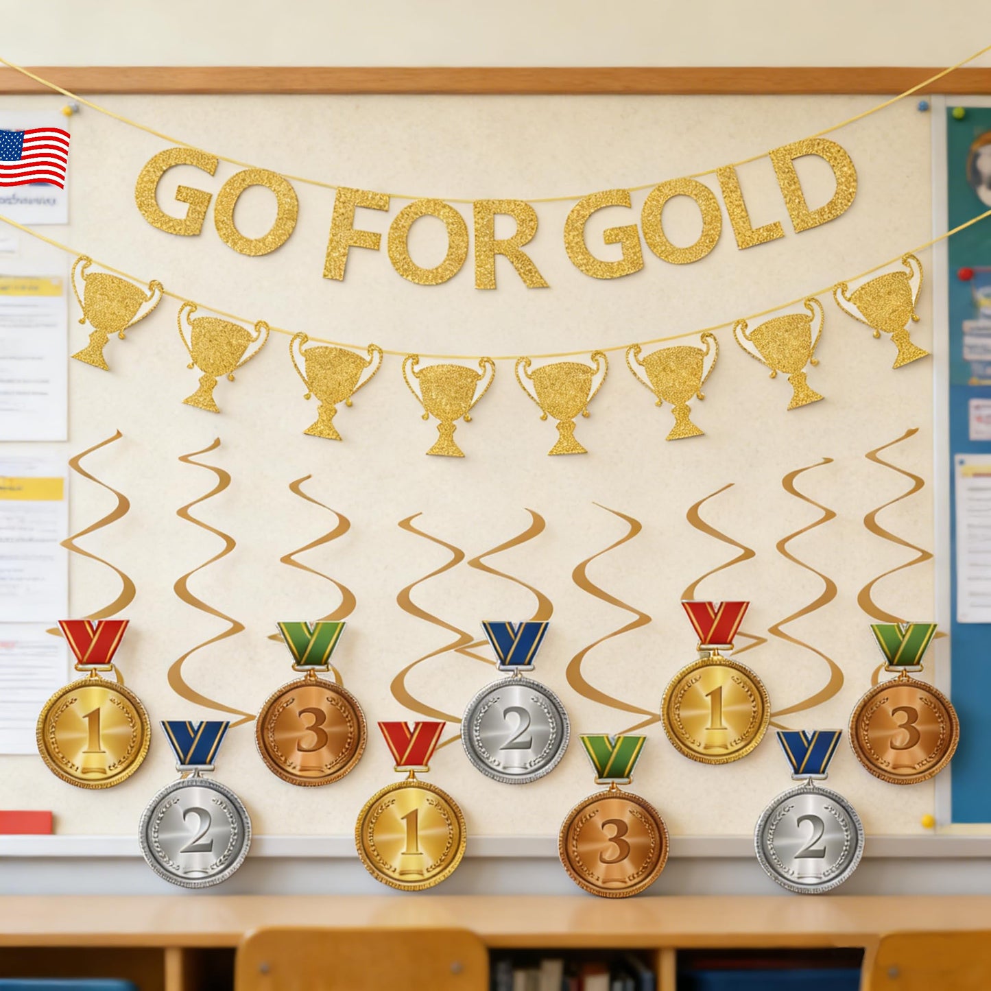 Glitter Go For Gold Banner with Paper Medal Hanging Swirls,Sports Competition Party Decorations,Olympic Sports Athlete Competition Game Party Decor