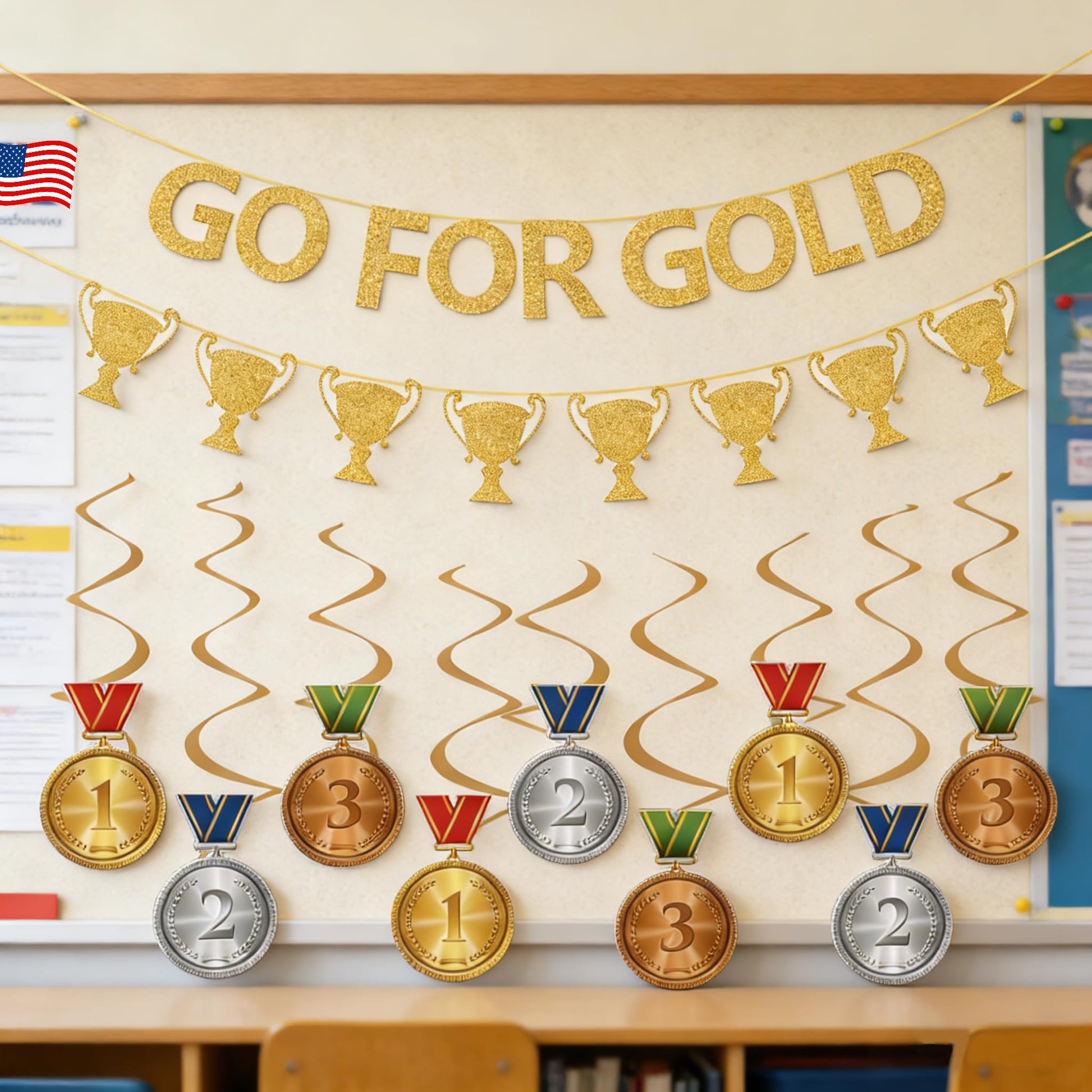 Glitter Go For Gold Banner with Paper Medal Hanging Swirls,Sports Competition Party Decorations,Olympic Sports Athlete Competition Game Party Decor