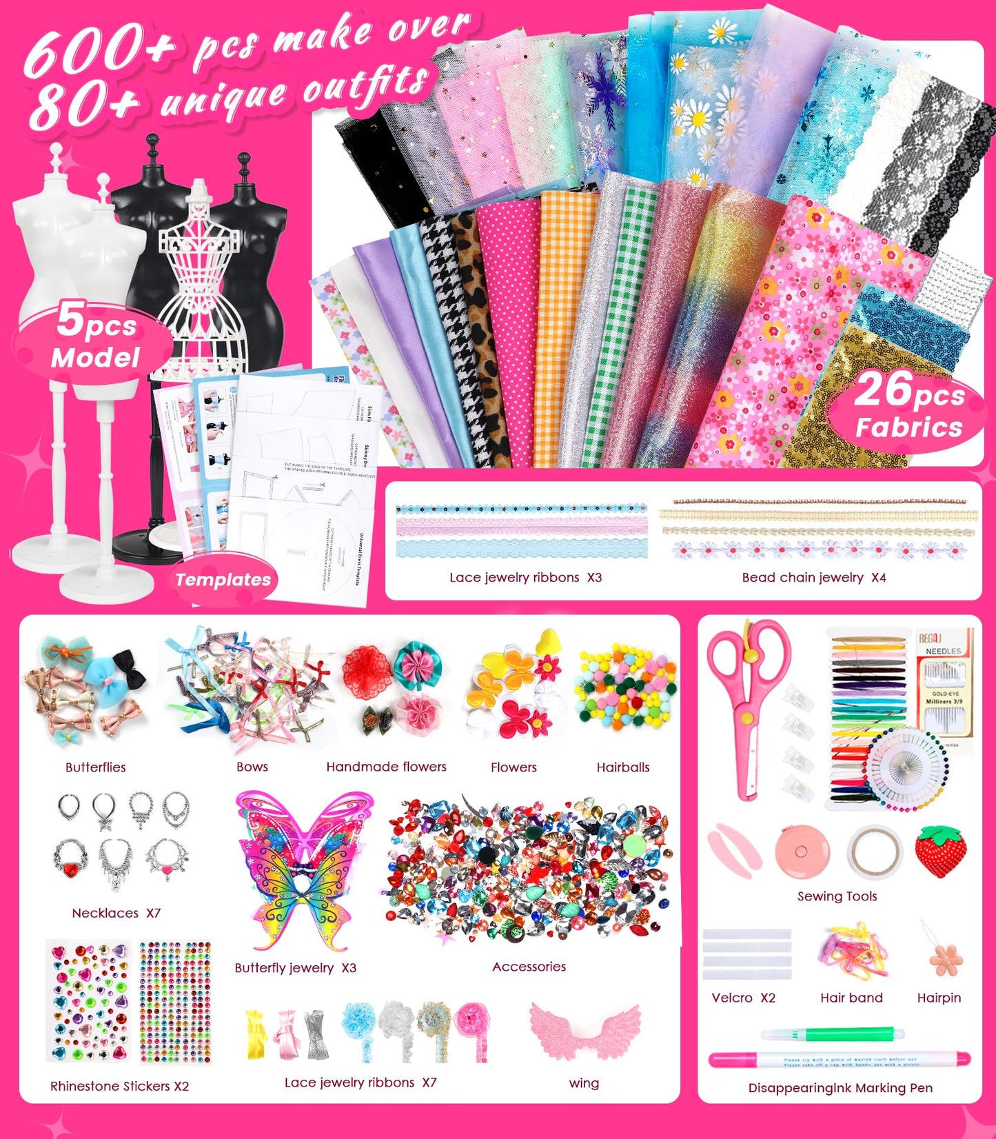 YEETIN Fashion Designer Kit for Girls - DIY Sewing & Arts Craft Kit with 5 Mannequins, Doll Clothes Making Set, Learn to Sew, Creative Gift for Girls