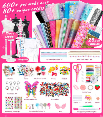 YEETIN Fashion Designer Kit for Girls - DIY Sewing & Arts Craft Kit with 5 Mannequins, Doll Clothes Making Set, Learn to Sew, Creative Gift for Girls