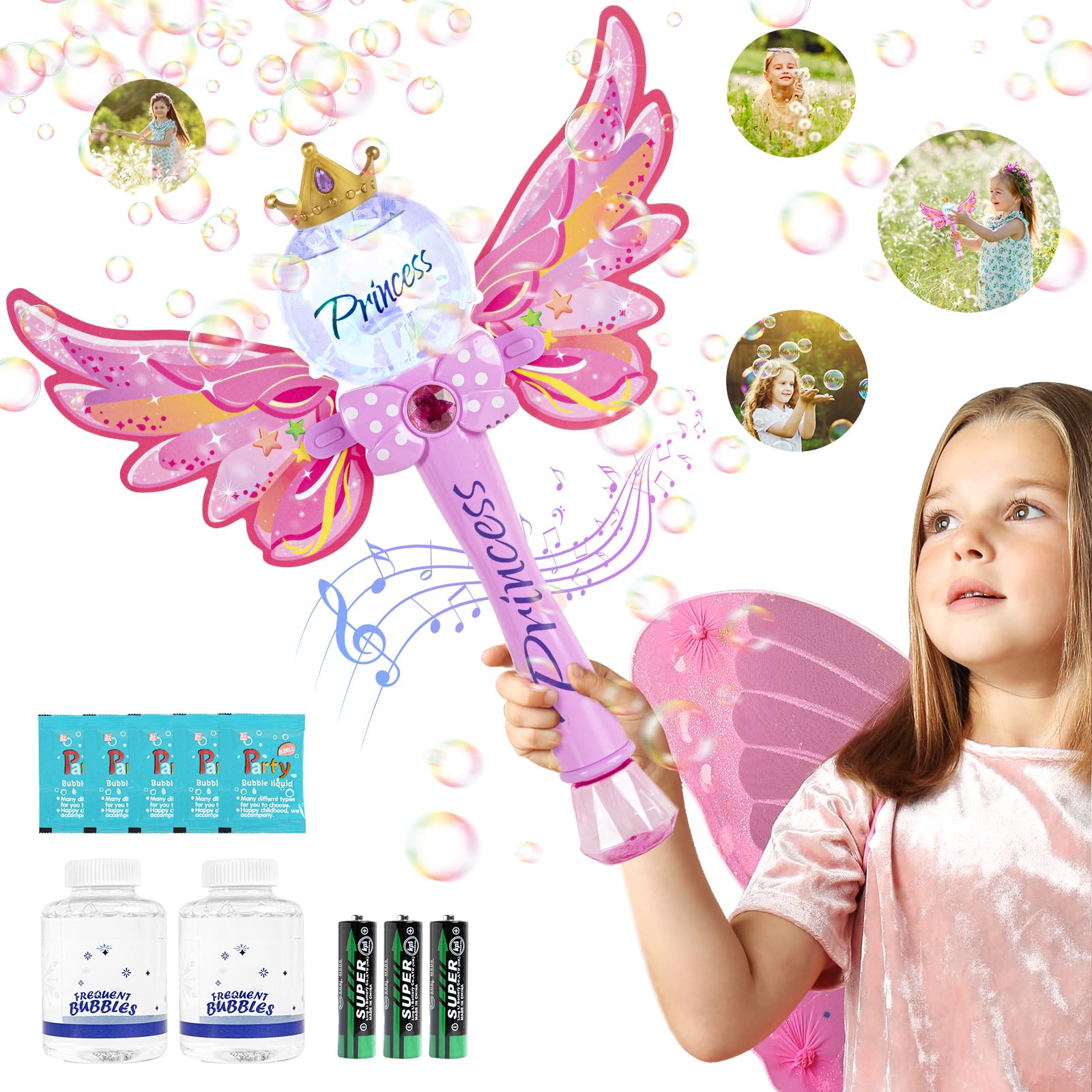 Princess Bubble Wand,Bubble Machine for Kids Girls,Music & Light Up Bubble Blower,Bubble Maker,Outdoor Party Birthday Bubble Toy for Toddlers,Gift