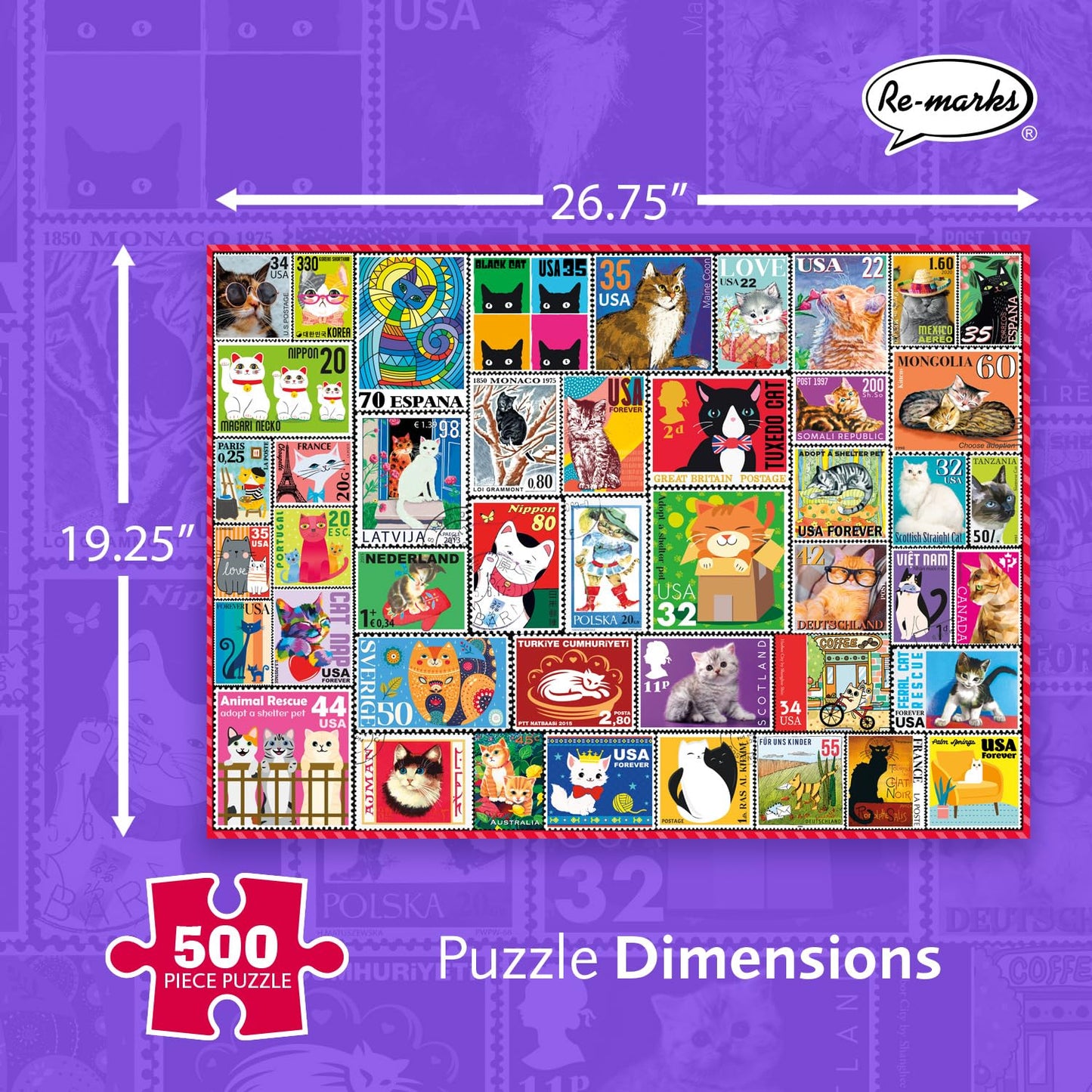 Re-marks Cat Stamps Collage Puzzle, 500 Large Piece Jigsaw Puzzle for All Ages