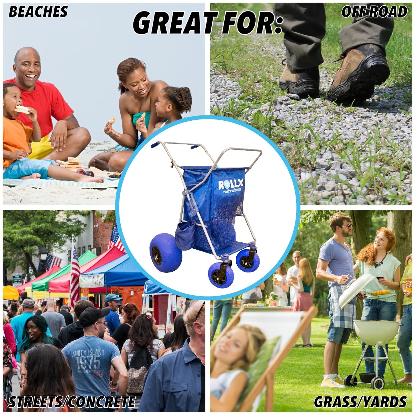 RollX Foldable Storage Wagon with 4 Balloon Wheels, Rear 13 Inch & Front 7 Inch Beach Tires (Pump Included) - Blue