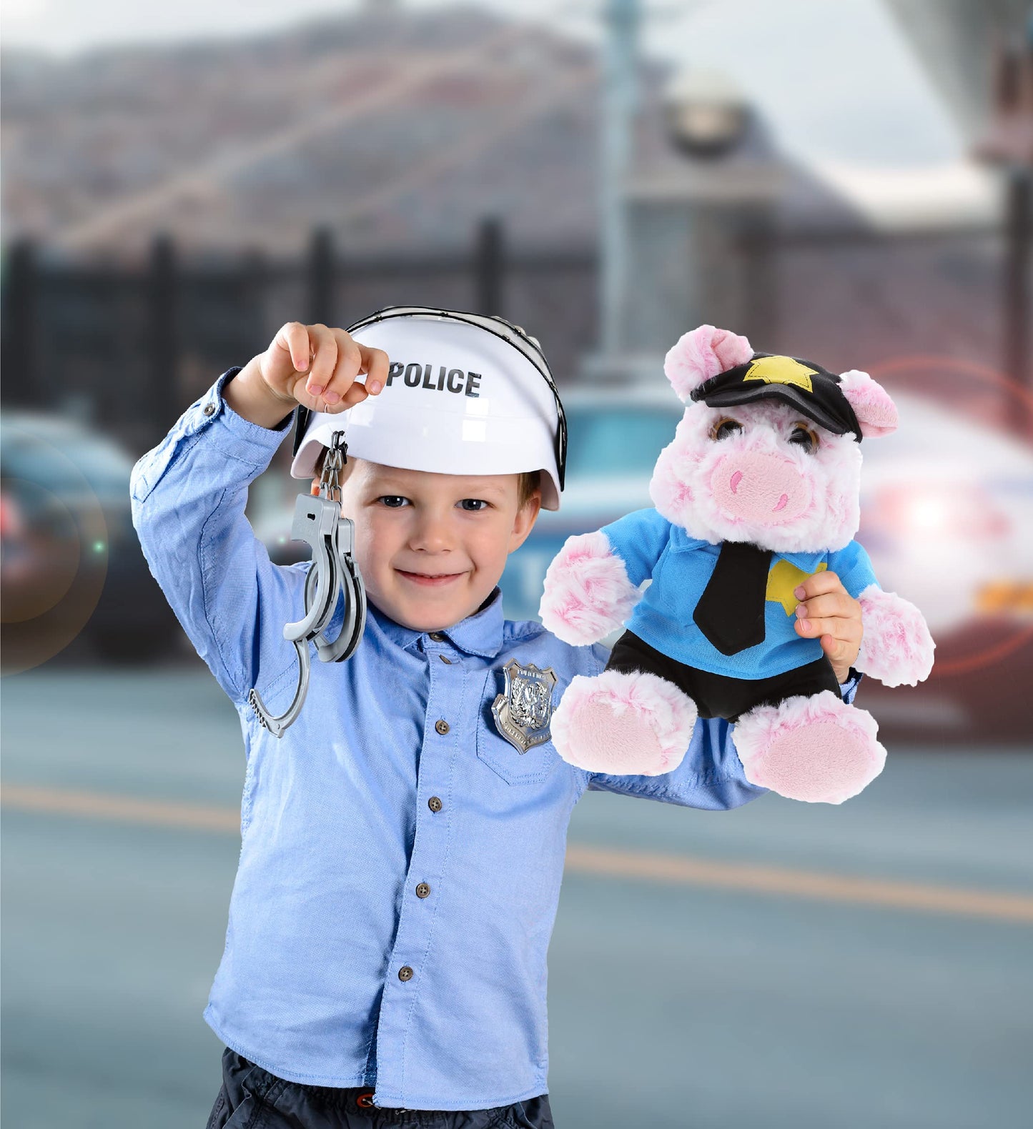 DolliBu Pig Police Officer Plush Toy - Super Soft Sitting Pig Cop Stuffed Animal Dress Up with Cute Cop Uniform & Cap Outfit Gift for Law Enforcement