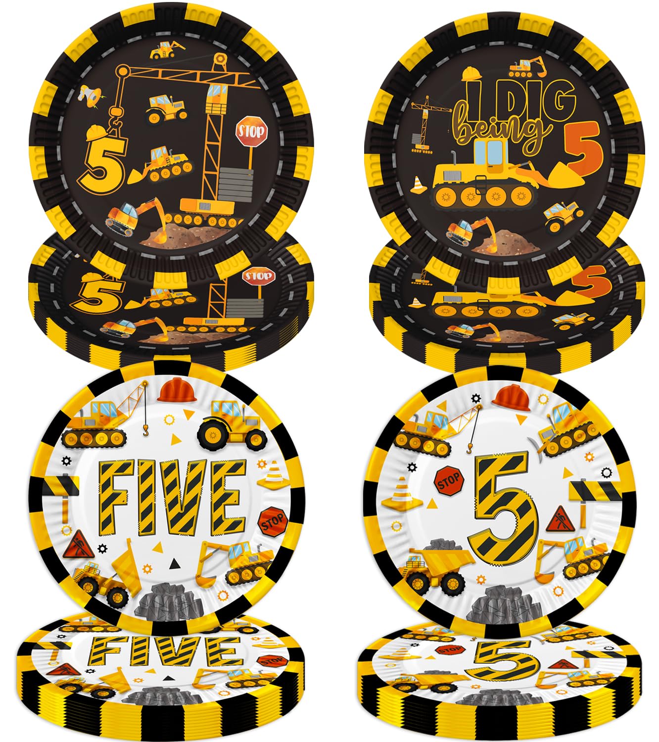 40 Pcs Construction 5th Birthday Party Paper Plates Dump Truck Five Years Old Disposable Paper Dinner Plates 4 Designs Tableware for Construction