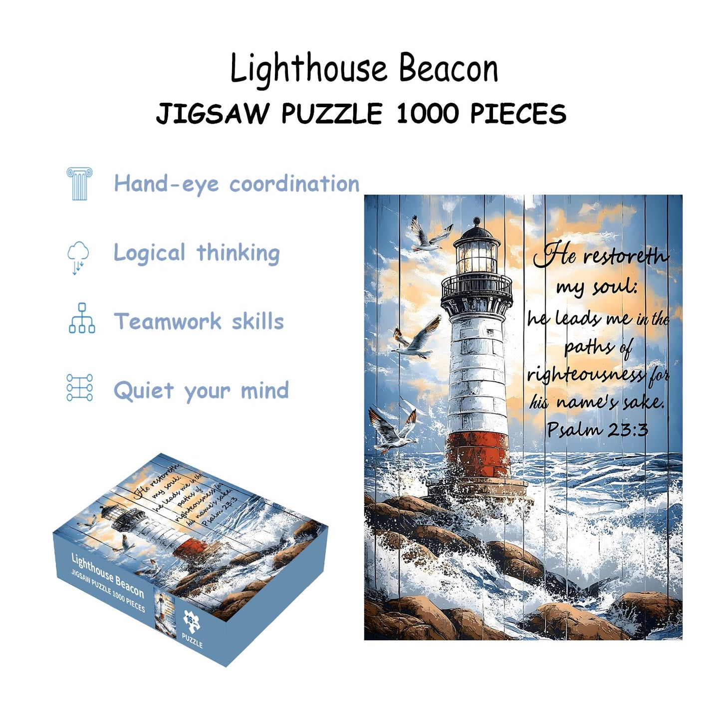 Puzzles for Adults 1000 Pieces, Lighthouse Jigsaw Puzzles - Lighthouse Beacon, Impossible Christian Bible Puzzle for Seniors Families,27.56x19.69