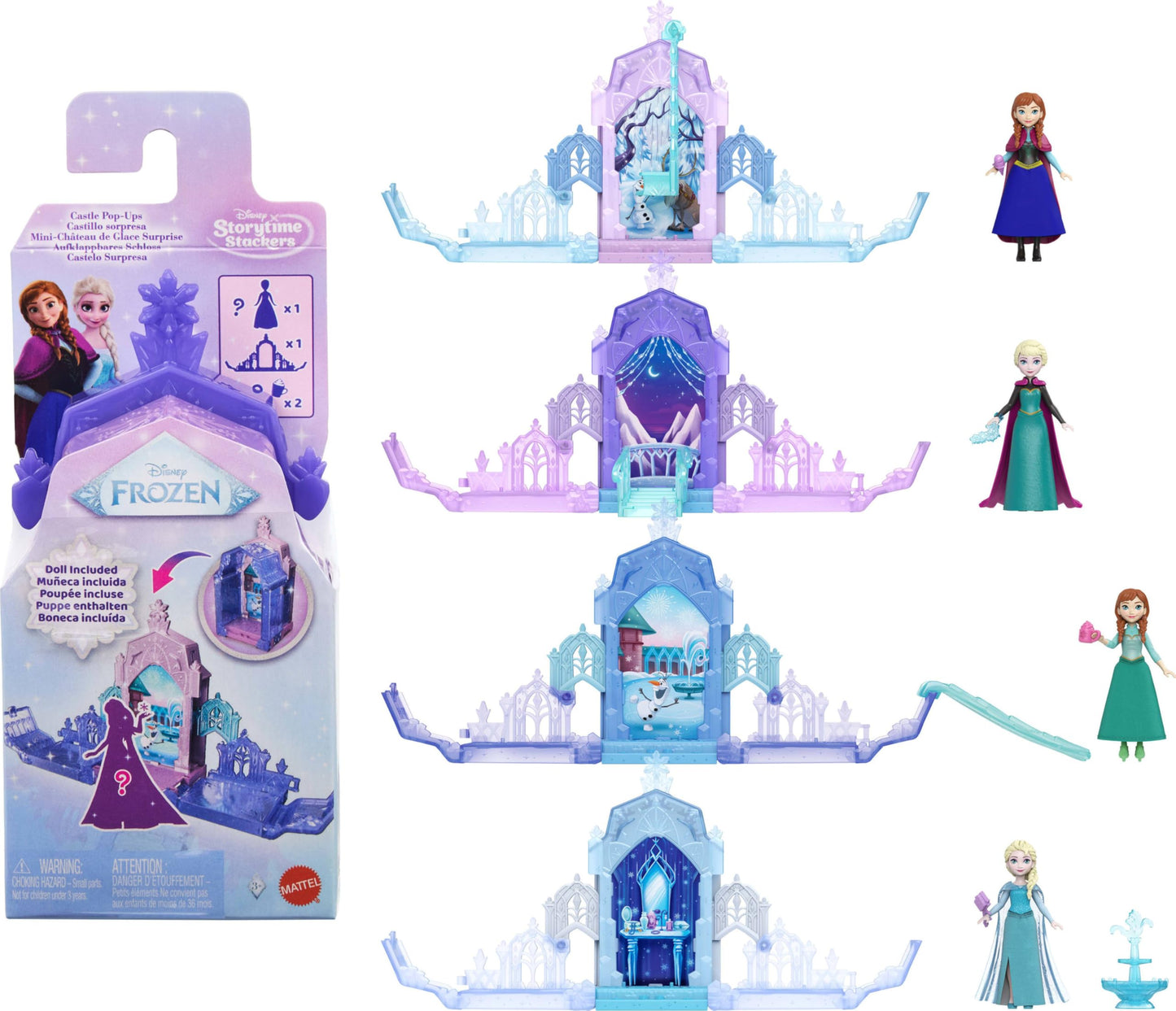 Mattel Disney Frozen Anna or Elsa Pop-Up Castle w/ 4 Surprises, Including Small Doll, Storytime Stacker Playset & 2 Accessories (Character May Vary)