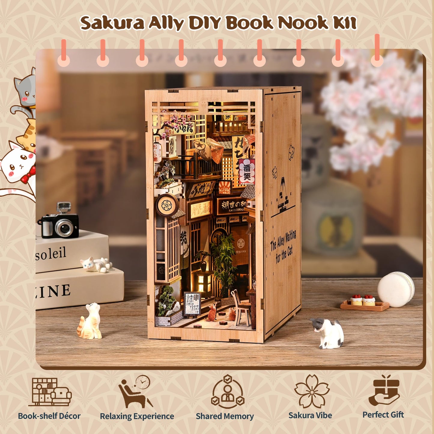 DIY Book Nook Kit with LED Lights | 3D Puzzles for Adults & Teens, Miniatures and Model Building Kits for Bookshelf Decor, Relaxing & Creative Gift