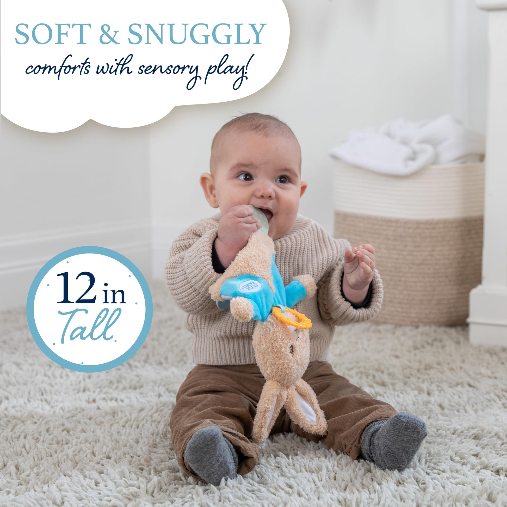 Kids Preferred Beatrix Potter Peter Rabbit Flat Sensory Blanky Interactive Baby Teether Toy with Crinkle Sounds, Soft Textures, Bright Colors,