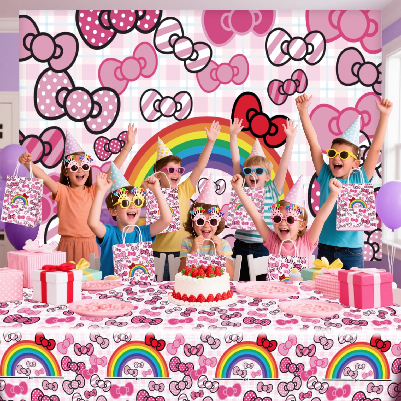 3Pcs Pink Bow tie Happy Birthday Decorations, Cartoon Cat Birthday Party Tablecloth, Disposable Rectangle Table Cover for Girls Party Theme