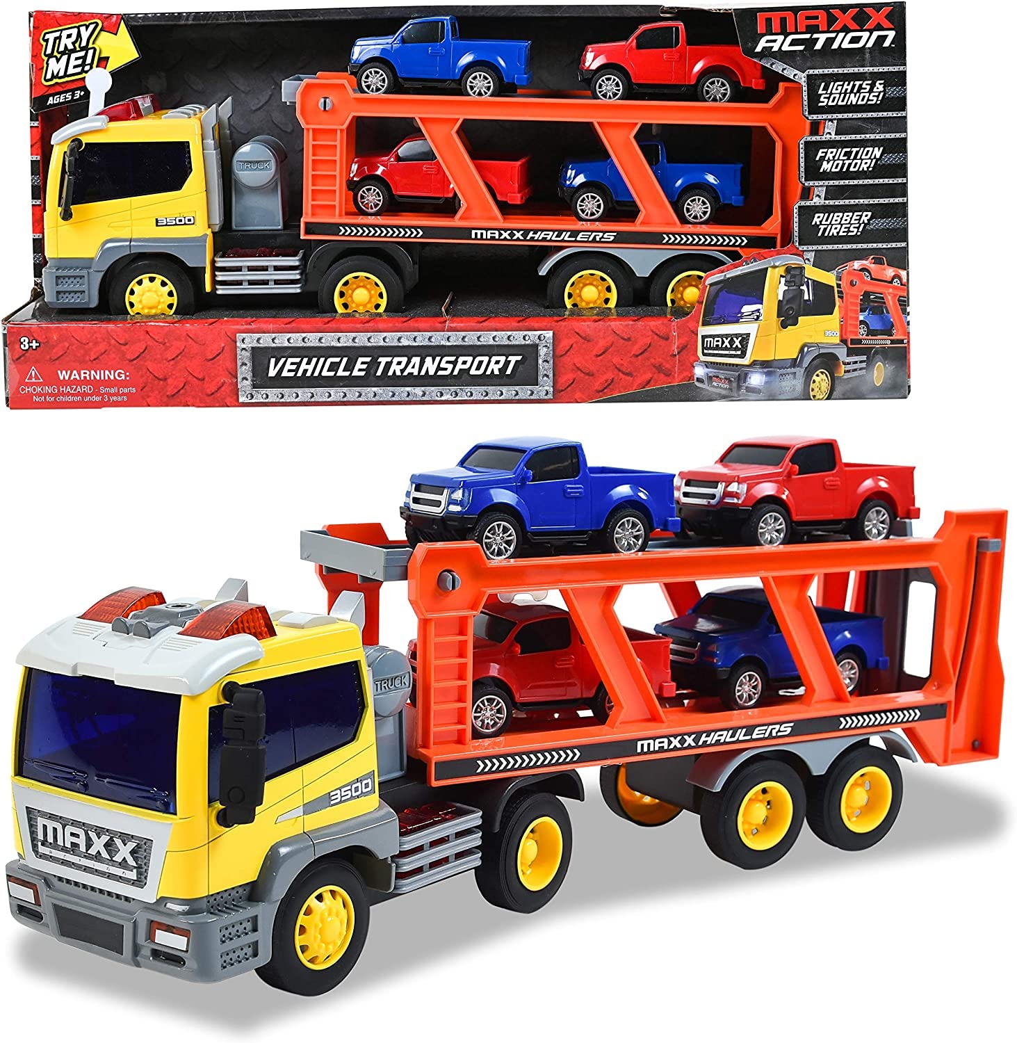 Sunny Days Entertainment Maxx Action 17’’ Vehicle Transport with 4 Diecast Trucks - Bright Lights and Car Sounds | Friction Powered Trailer | 6 Piece