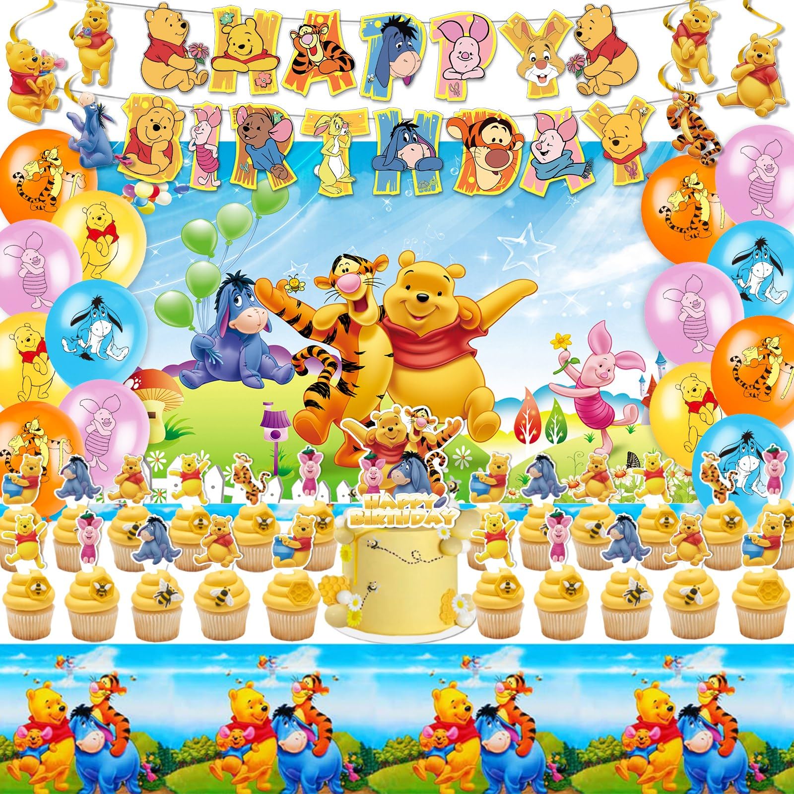 Winnie The Pooh Birthday Decorations, Party Supplies Set Include Banner, Backdrop, Balloons, Hanging Swirls, Cake Cupcake Toppers, Tablecloth for Boys