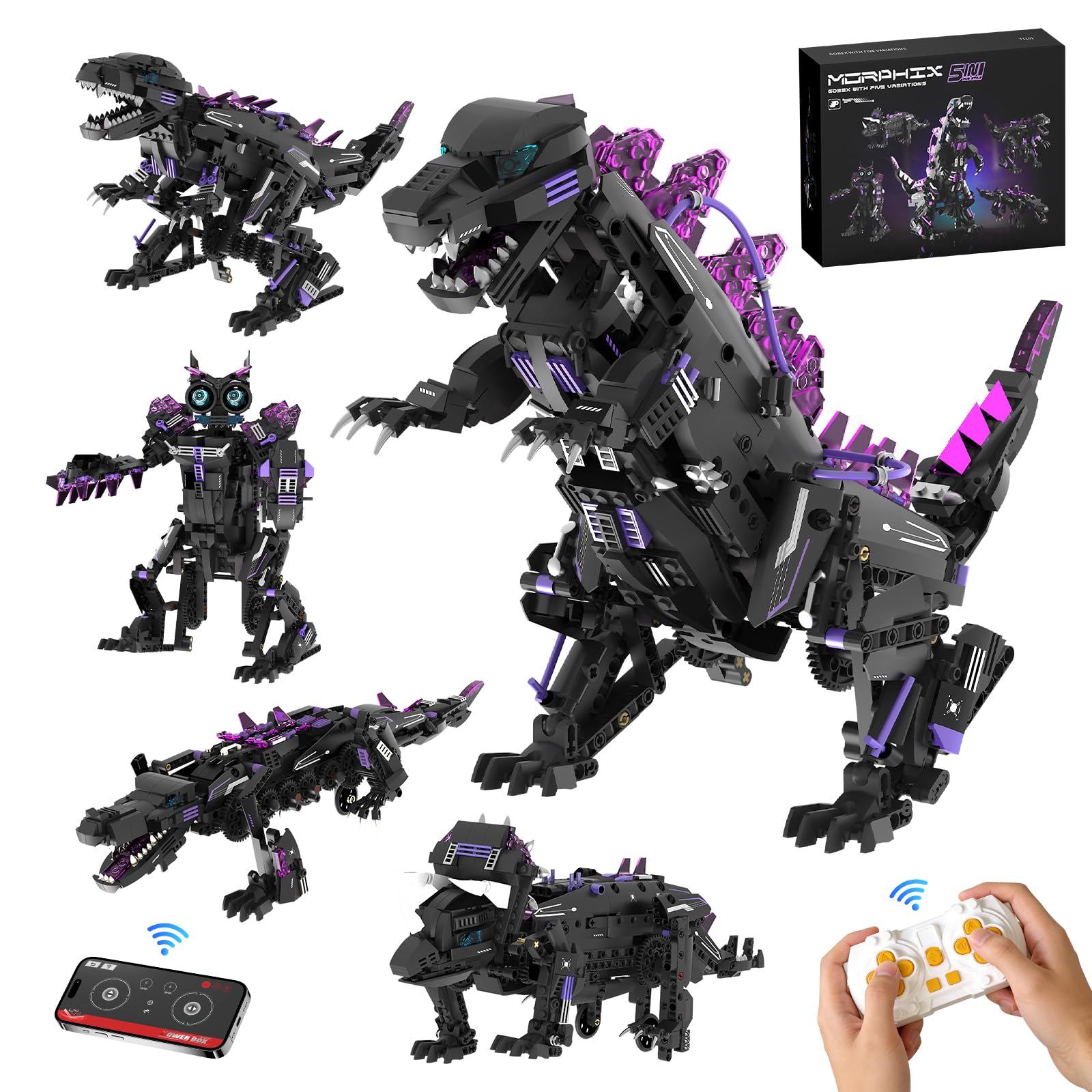 LQPFBSM 5 in 1 STEM Robot Building Blocks Sets APP & Remote Control Robotic Kits 5 in 1 Tyrannosaurus Rex/Triceratops/Monster/Crocodile/Robot Toys