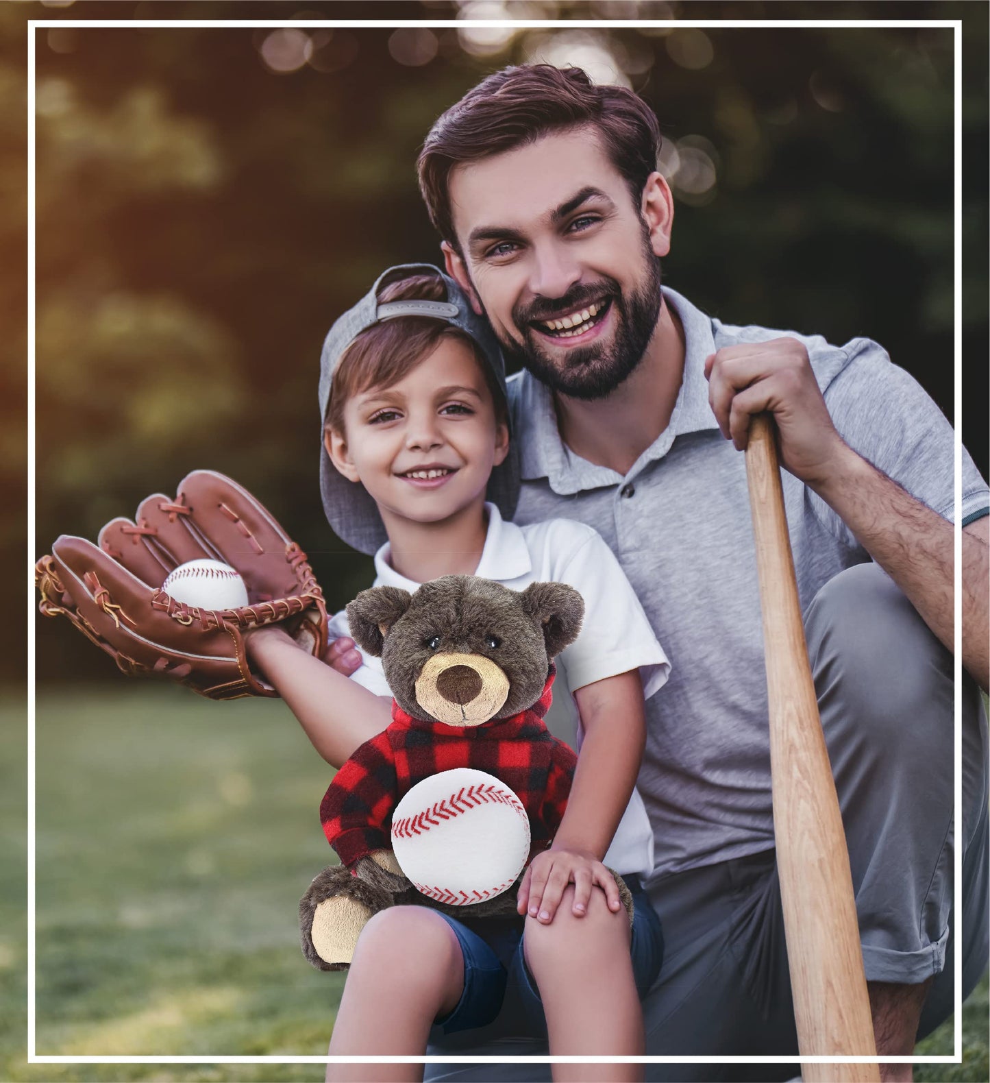 DolliBu Brown Bear Stuffed Animal with Baseball Plush - Soft Huggable Grizzly Bear, Adorable Playtime Teddy Bear Plush Toy, Cute Wild Life Sports Gift
