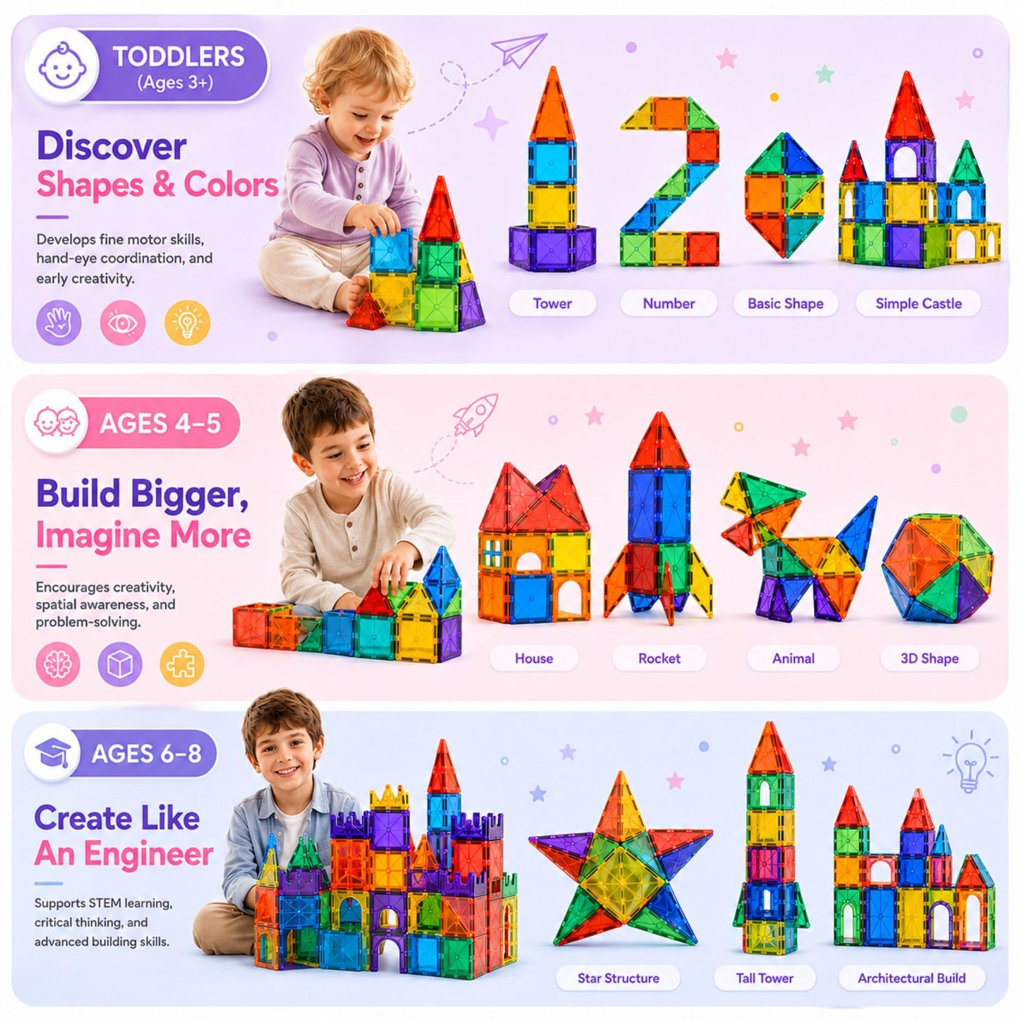 Mini Melow 100 Pcs Magnetic Tiles for Kids - 3D Magnet Tiles Building Toys with 2 Cars, Durable & Non Toxic Magnetic Building Blocks, STEM Toys