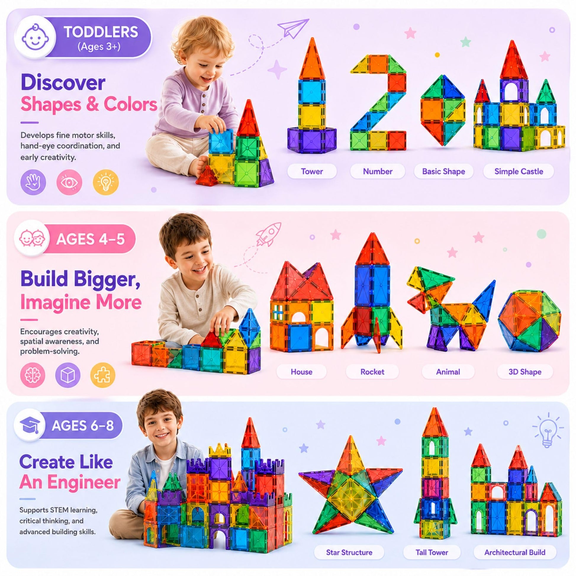 Mini Melow 100 Pcs Magnetic Tiles for Kids - 3D Magnet Tiles Building Toys with 2 Cars, Durable & Non Toxic Magnetic Building Blocks, STEM Toys