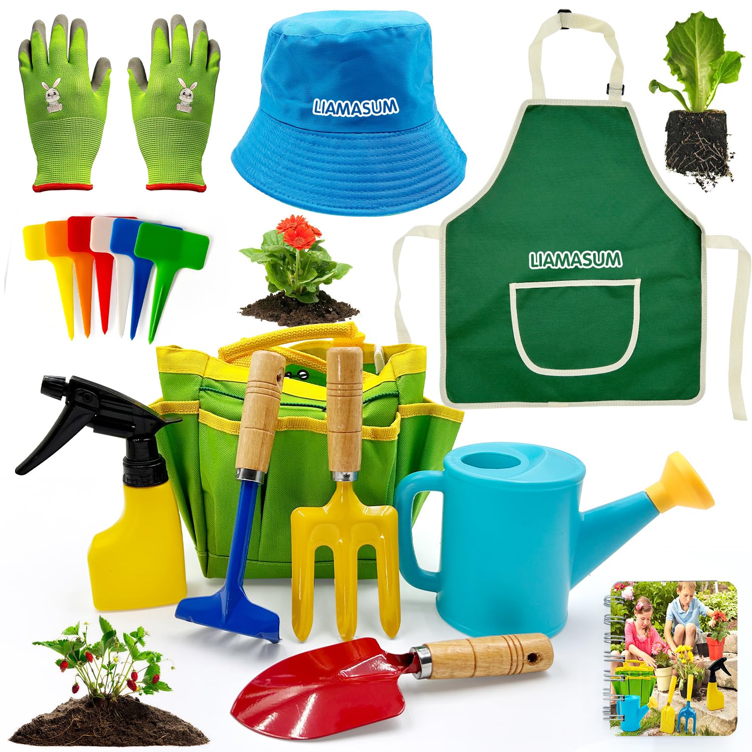 Kids Gardening Tools Set Includes Toddler Gardening Gloves, Sturdy Tote Bag, Watering Can, Shovel, Rake, Trowel, Children Apron, Garden Notebook