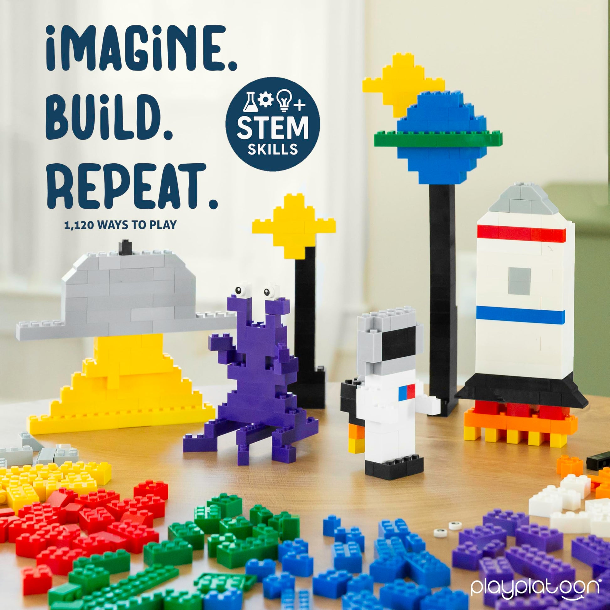 Play Platoon 1100 Pieces Building Bricks Set - 10 Classic Color Blocks - Bulk Building Blocks Compatible with Major Brands - 14 Different Shape Bricks