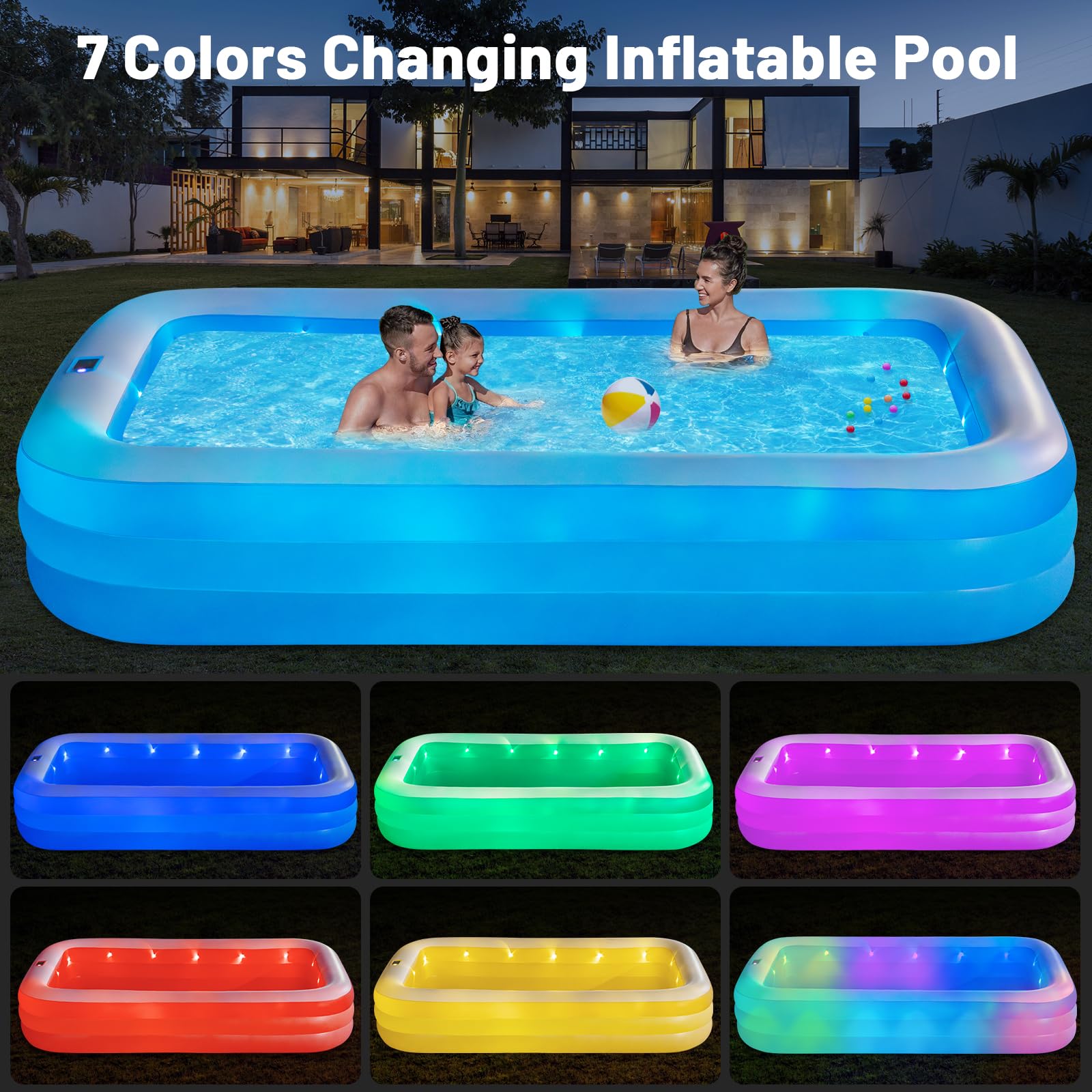Large Solar Inflatable Pool with Lights, 130"x72"x22" Blow-Up Kiddie Pool with Air PUM, 7 Color Changed Family Swimming Pool for Backyard, Outdoor