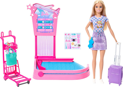 Barbie ‘Malibu’ Family & Friends Limitless Adventure Blonde Fashion Doll with Baggage Claim, Luggage, Trolly, Conveyer Belt and Carry-On