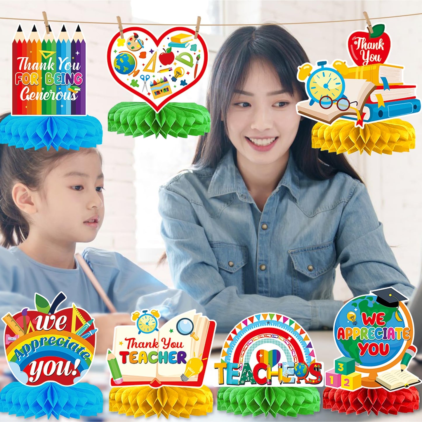 12Pcs Teacher Appreciation Table Decorations Honeycomb Centerpieces Thank You Teachers Table Centerpieces Teacher Appreciation Decorations
