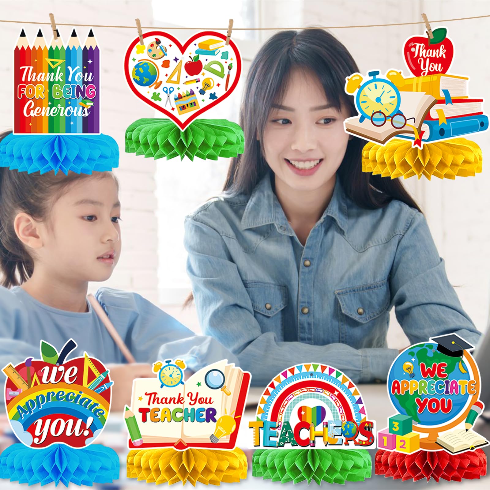 12Pcs Teacher Appreciation Table Decorations Honeycomb Centerpieces Thank You Teachers Table Centerpieces Teacher Appreciation Decorations