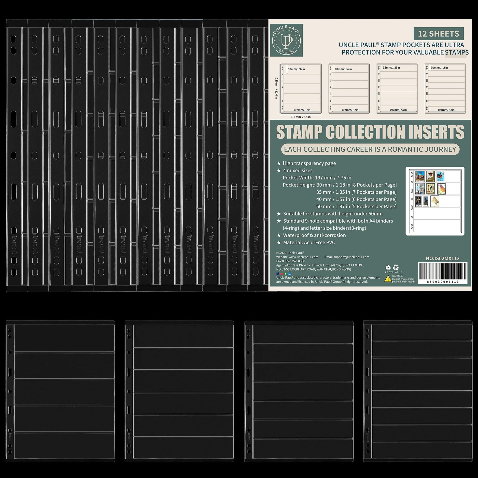 Stamp Collection Inserts - Collector Stamp Album 12 Sheets with 4 Mixed Sizes Single Side for Stamp Collection Binder Kit IS02MX112