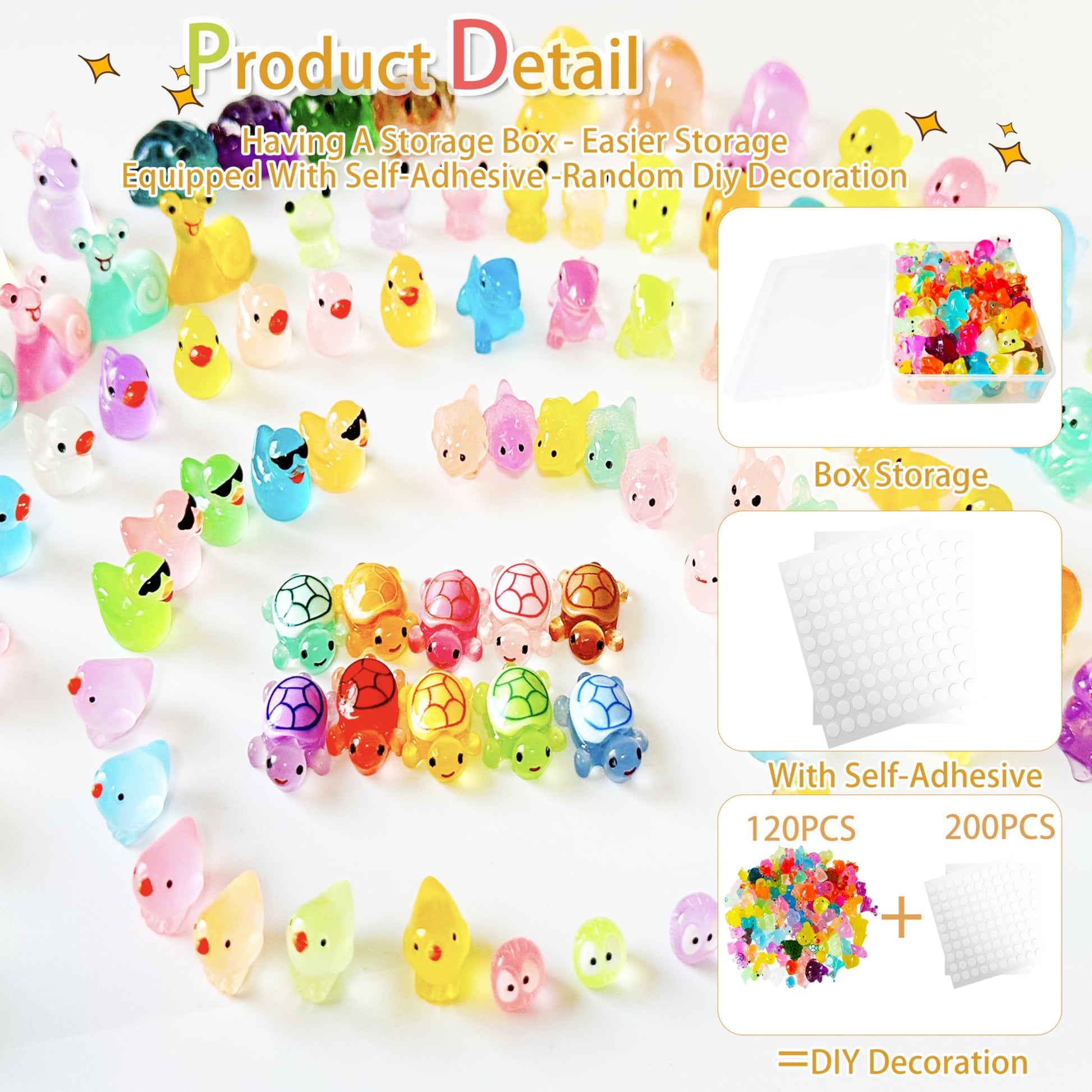 Uignstr 120PCS Luminous Mini Resin Animals Glow in Dark Variety Pack, with Storage Box & 200 Nano Dots, Fairy Garden Micro Landscape Dollhouse Pool