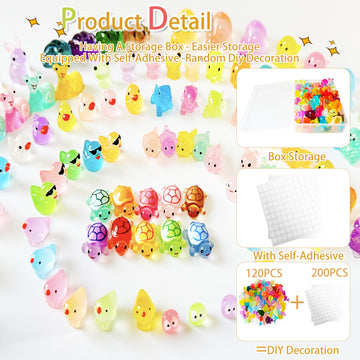 Uignstr 120PCS Luminous Mini Resin Animals Glow in Dark Variety Pack, with Storage Box & 200 Nano Dots, Fairy Garden Micro Landscape Dollhouse Pool