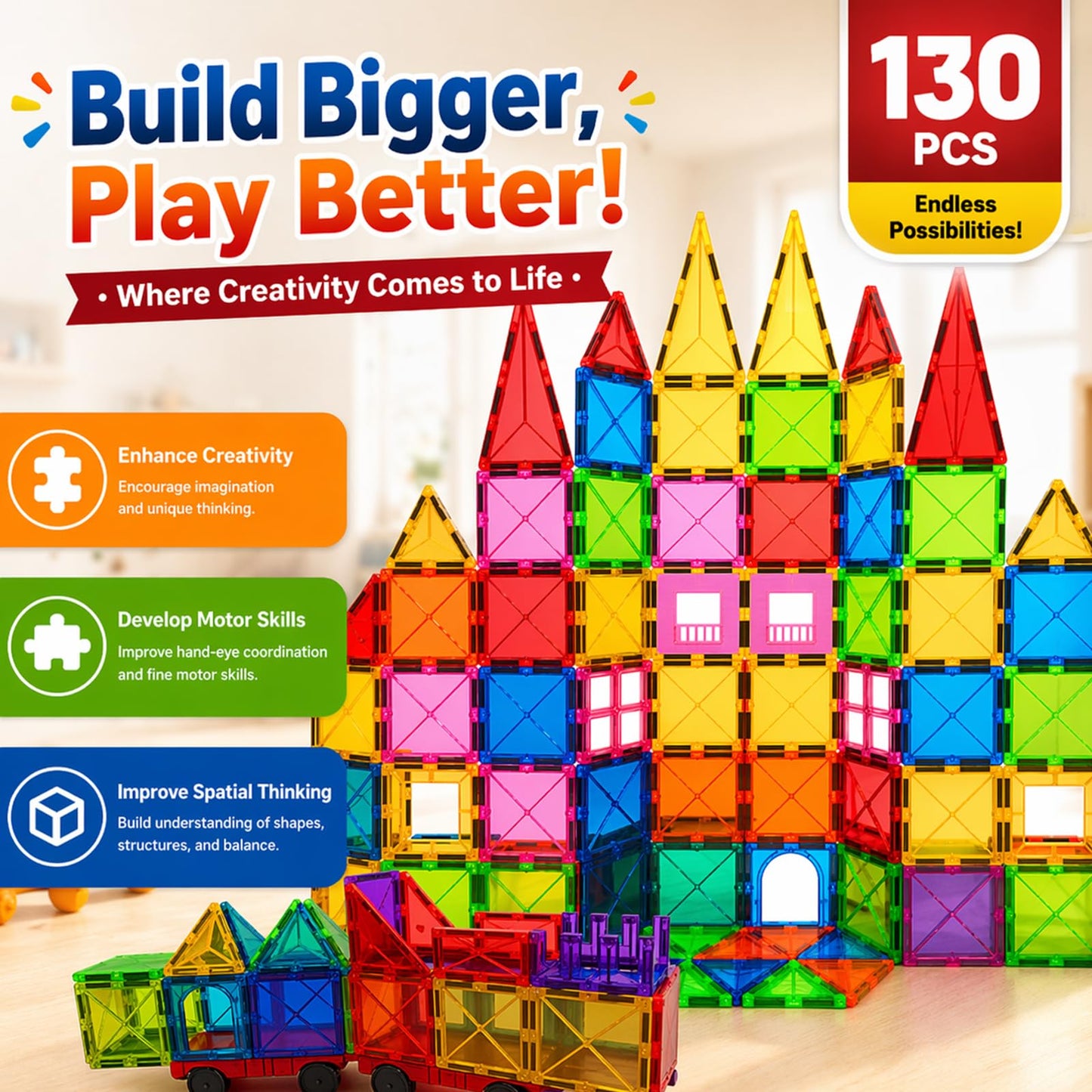 LATI 130-Piece Magnetic Tiles Building Toy Large Set for Kids,Magnetic Building Blocks Construction Set,Open-Ended Play STEM Educational