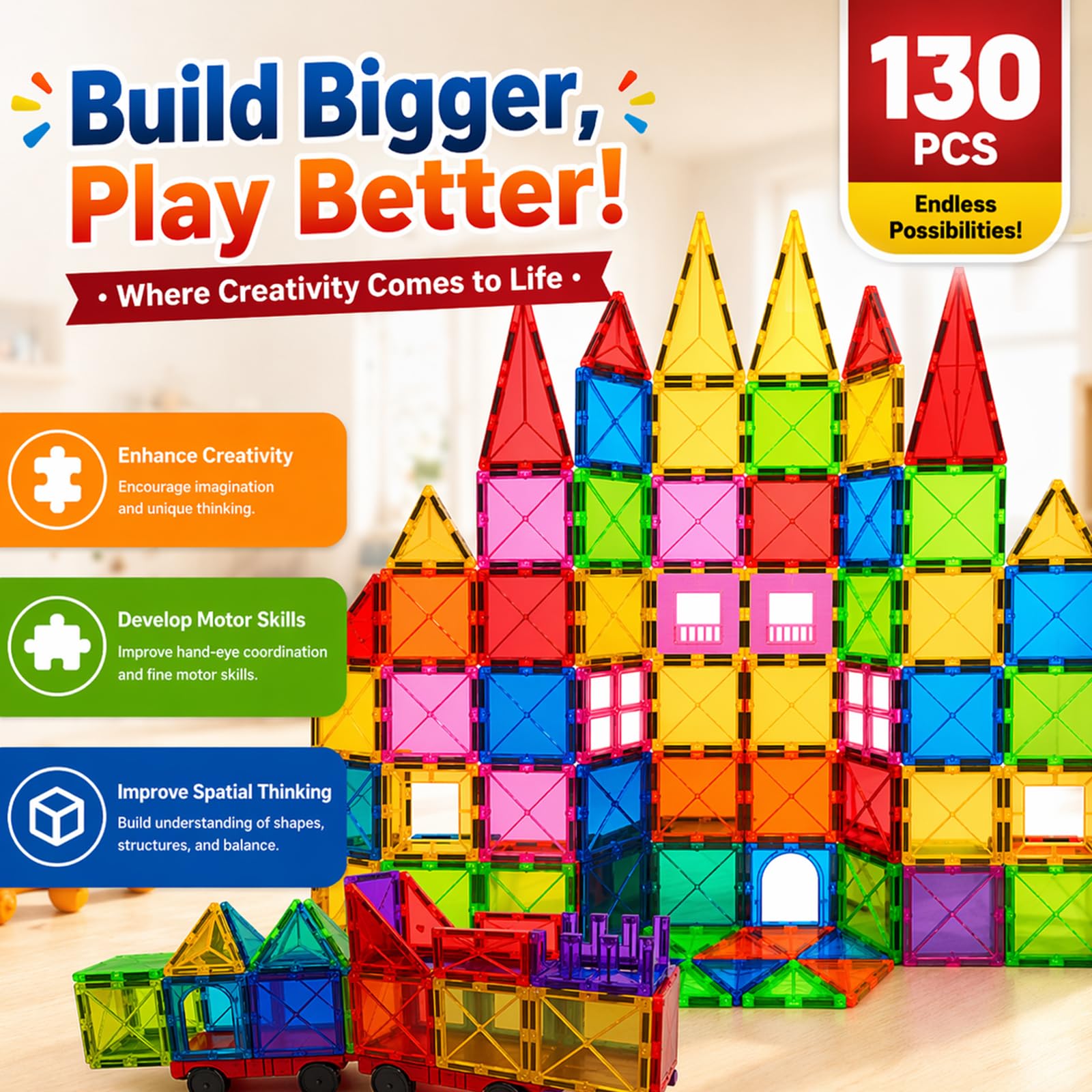 LATI 130-Piece Magnetic Tiles Building Toy Large Set for Kids,Magnetic Building Blocks Construction Set,Open-Ended Play STEM Educational