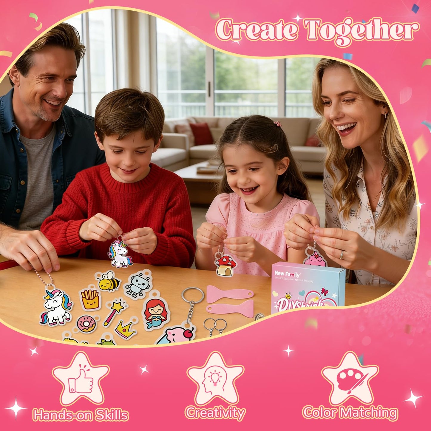 NewFamily 51Pcs Shrink Art Kit for Kids, 36 Pre-Cut Shrink Plastic Charms with 15 Charm Accessories, No-Mess DIY Jewelry Making Craft Set for Girls