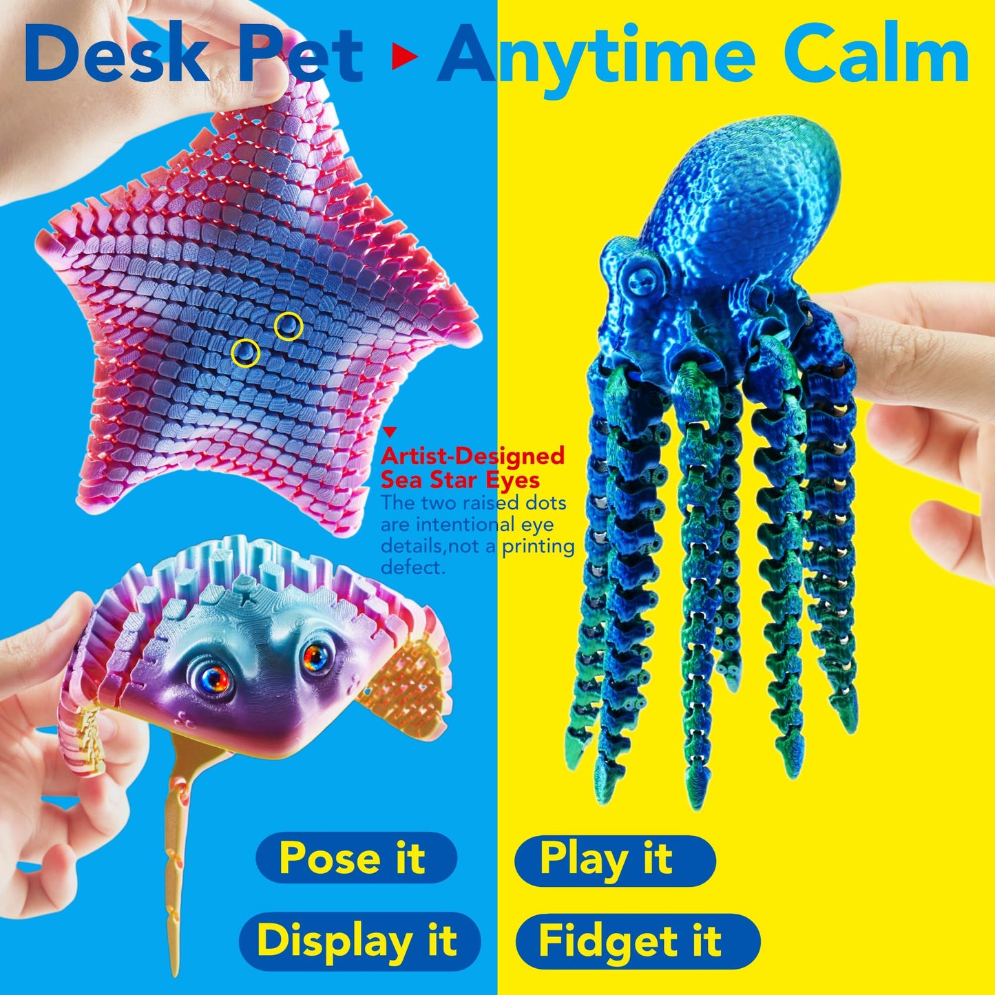 Maxdecoer Large 3 Pcs 3D Printed Articulated Sea Animals, Flexible Octopus Ray and Starfish Desk Pets, Ocean Fidget Toys for Kids Adults, Sensory Desk