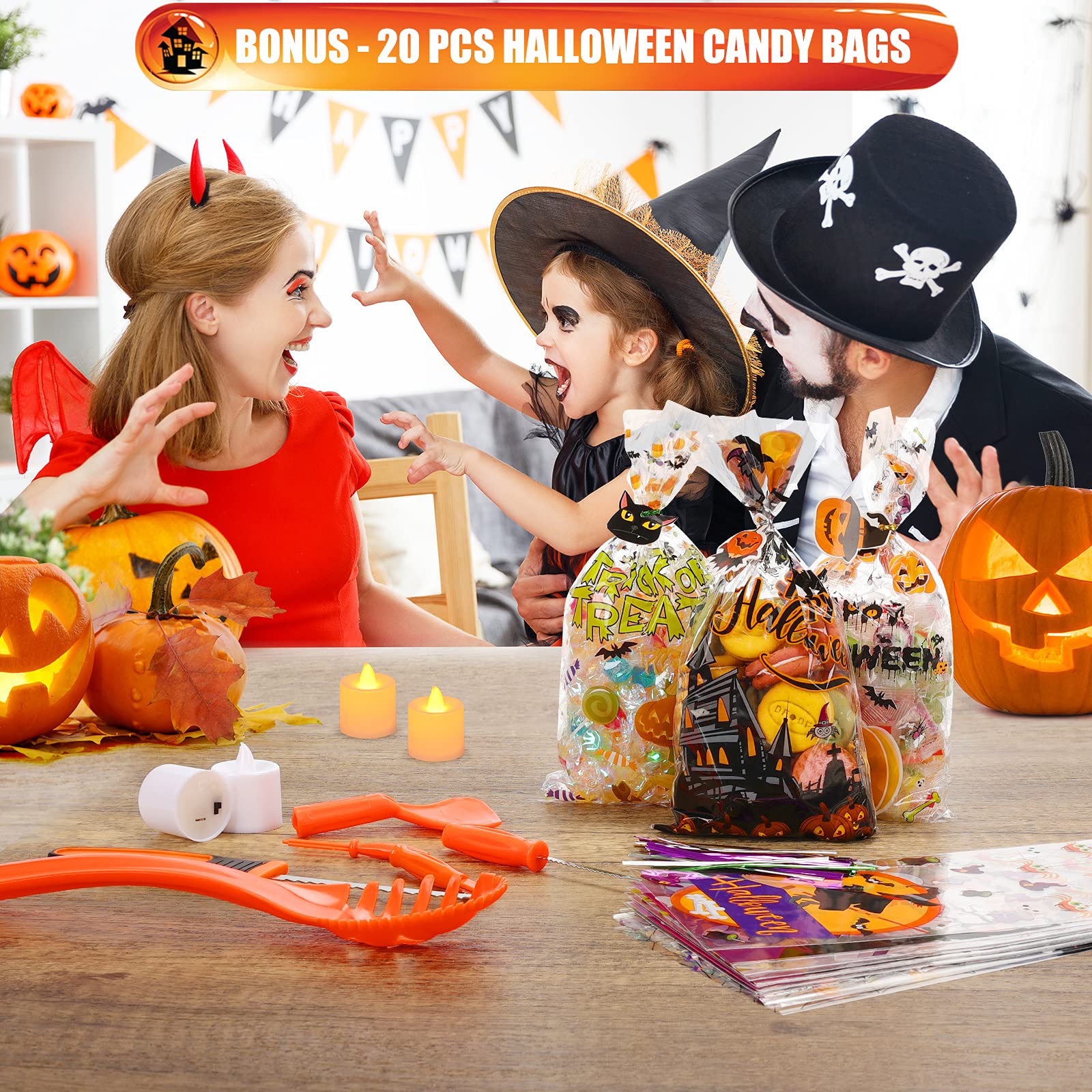 SKINOSM Pumpkin Carving Kit for Kids, 6 Easy Halloween Pumpkin Carving Tools Set, 6 LED Candles, 10 Carving Stencils & 20 Halloween Cellophane Candy