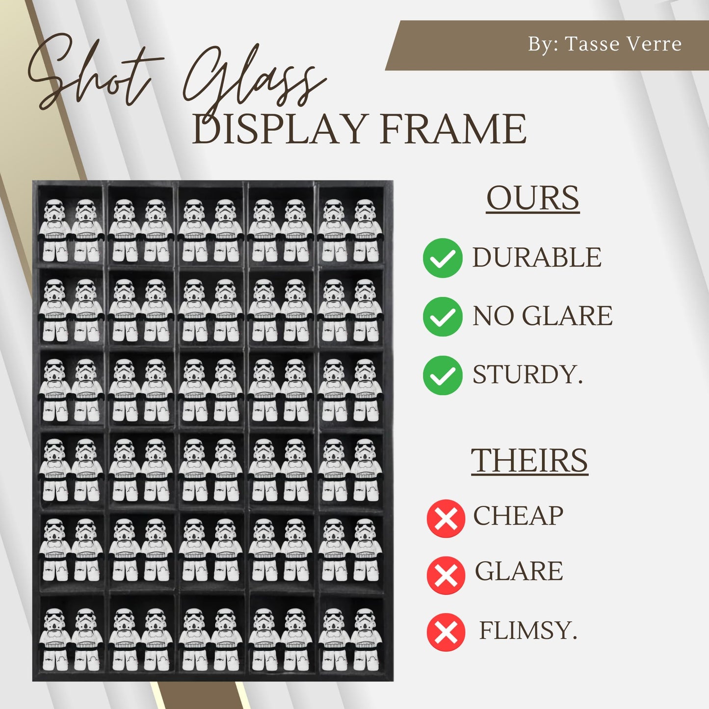 Tasse Verre 30 Shot Glass Shelf Display Case (1-Pack) - Large Wooden Collectibles Rack - Wall Mounted Black Bar Shadow Box Minifigure Storage